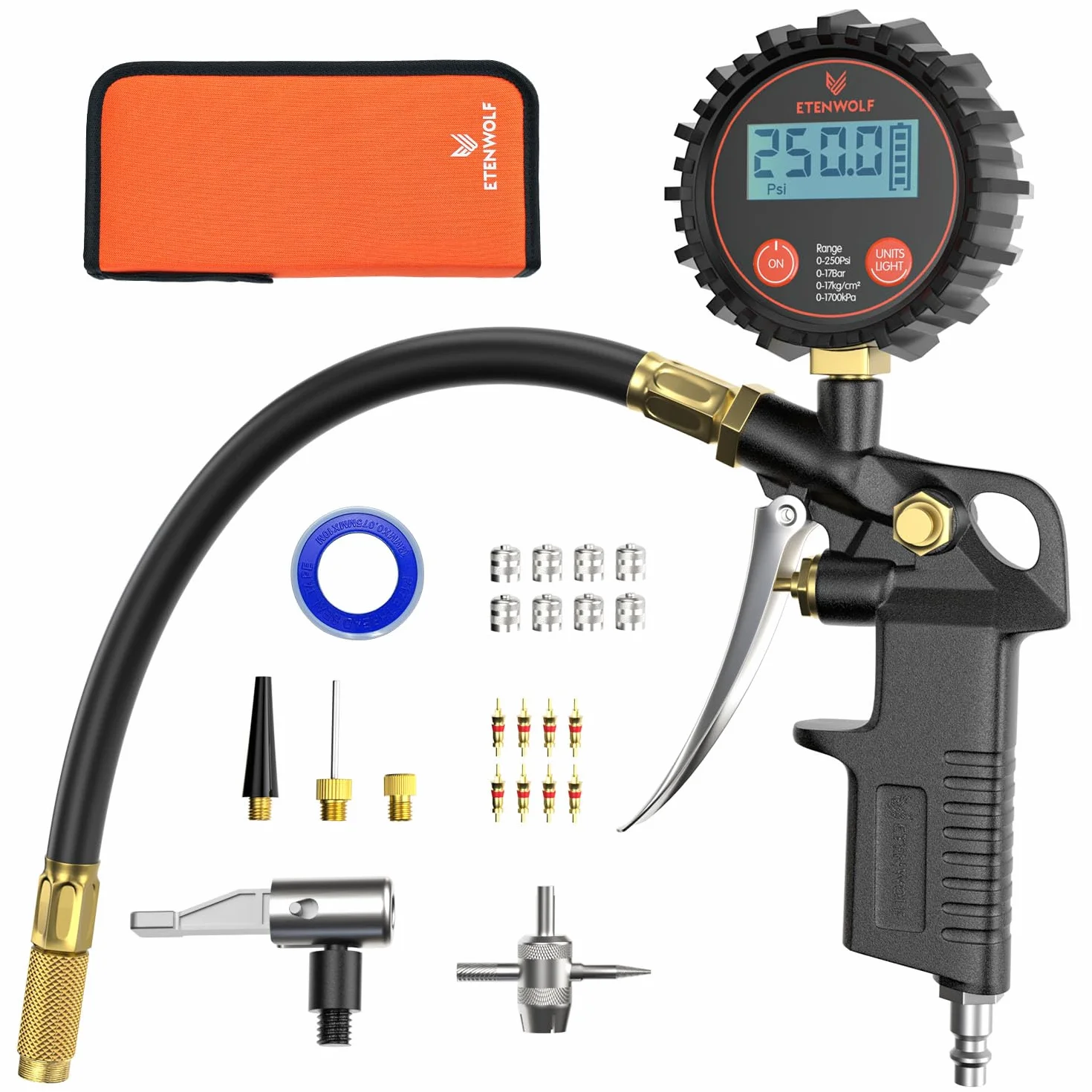 ETENWOLF T500 Manometro Pressione Gomme Digitale 0-17Bar 250 PSI Pistola Gonfiaggio con Borsa