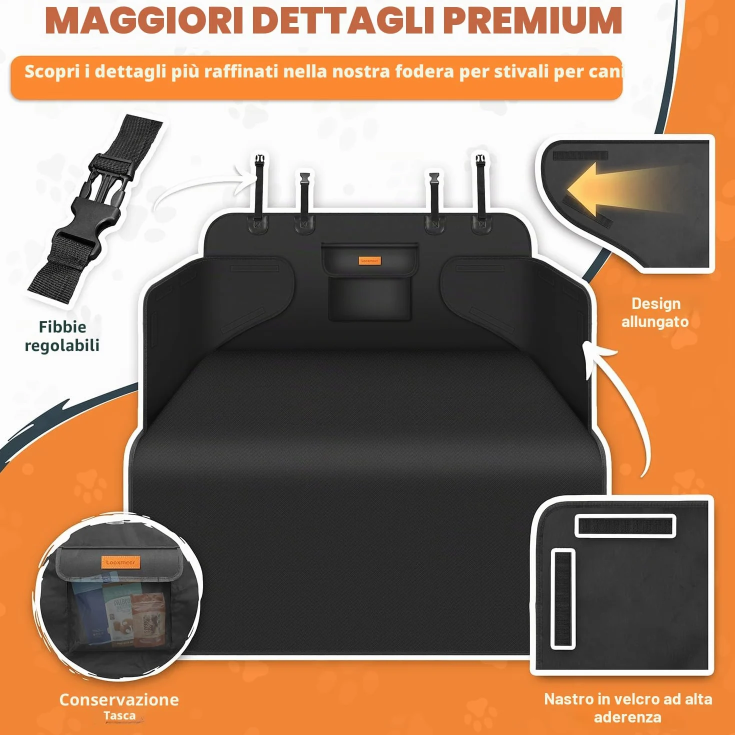 Protezione Bagagliaio Auto per Cani, Telo Auto per Cani con Tasca, Protezione Laterale e Paraurti, Impermeabile Antistrappo Antiscivolo, Universale per Auto, SUV, 183 x 104 cm, Nero(Leggero)