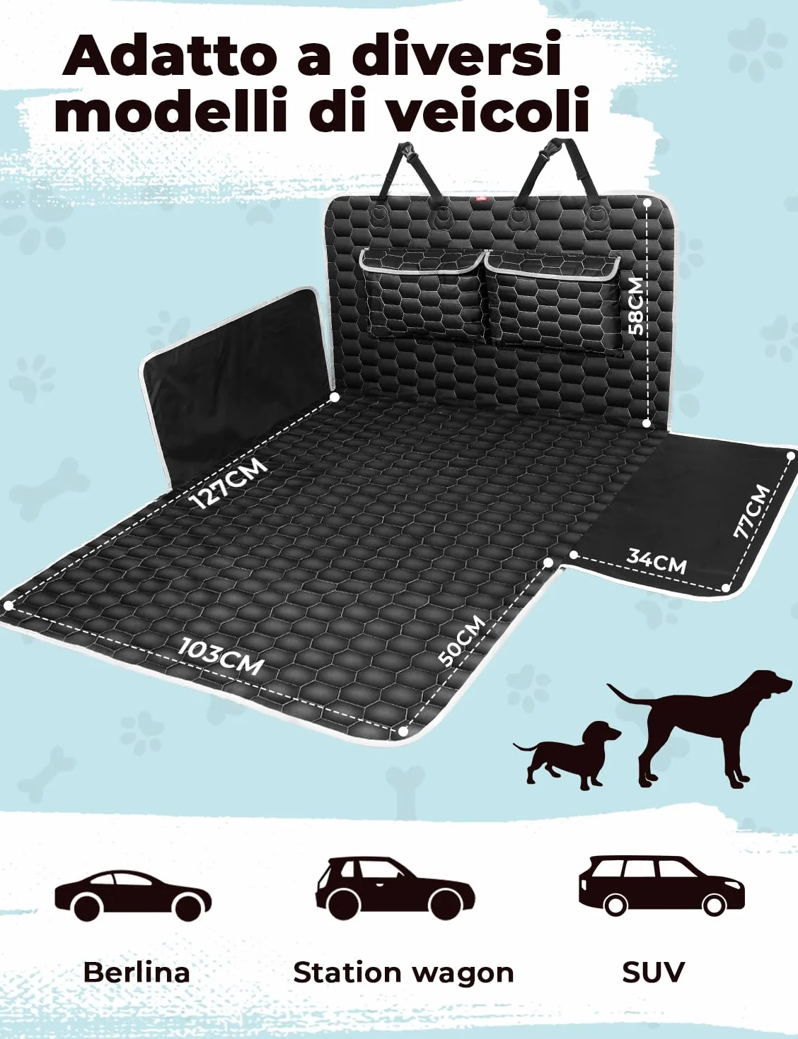 Oasser Telo Auto per Cani Bagagliaio con 2 Tasche Grandi,Impermeabile,Antiscivolo,Antipolvere,185 x 103 cm con Protezione Laterale e Paraurti,Lavabile in lavatrice,Universale per Auto e SUV Nero