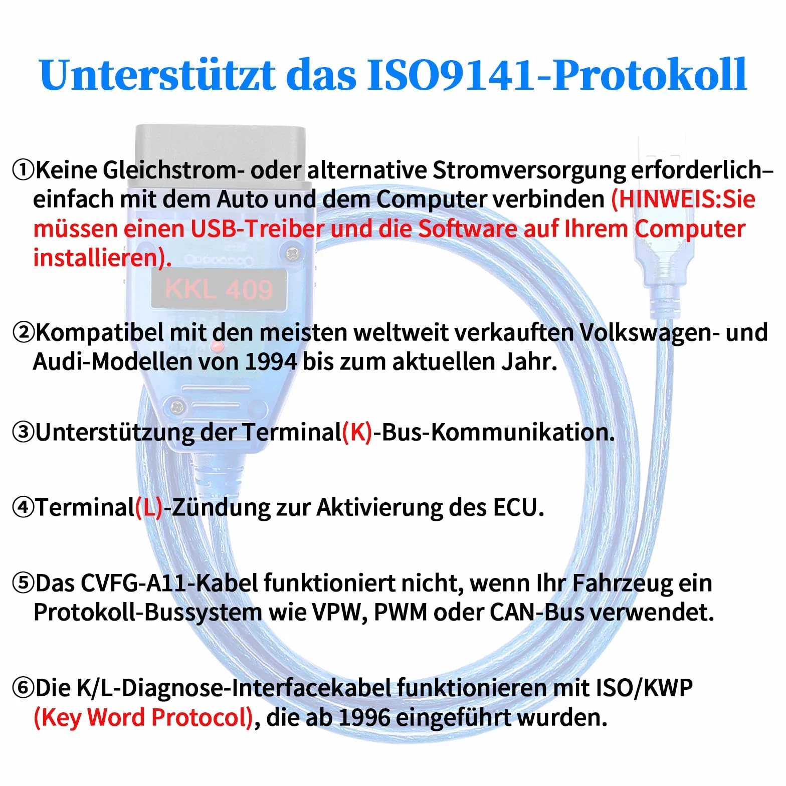 KKL 409 cavo USB OBD2 FTDI FT232RL per VW Audi Seat Skoda 1996+ diagnostica ECU VAG-COM Windows XP