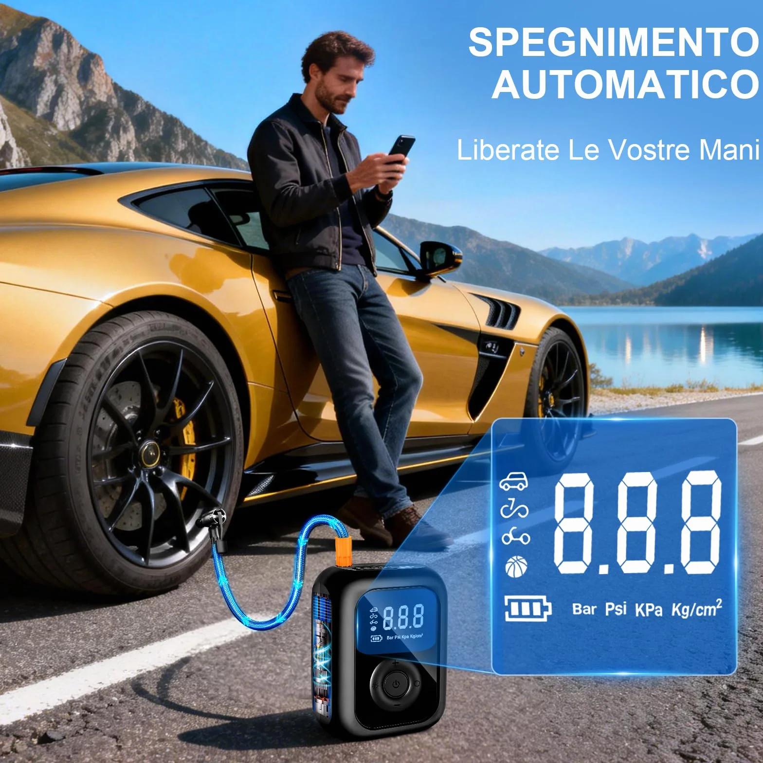 Compressore Aria Portatile 150PSI Pompa Elettrica Bicicletta Mini Schermo LED Digitale Illuminazione LED Auto Moto