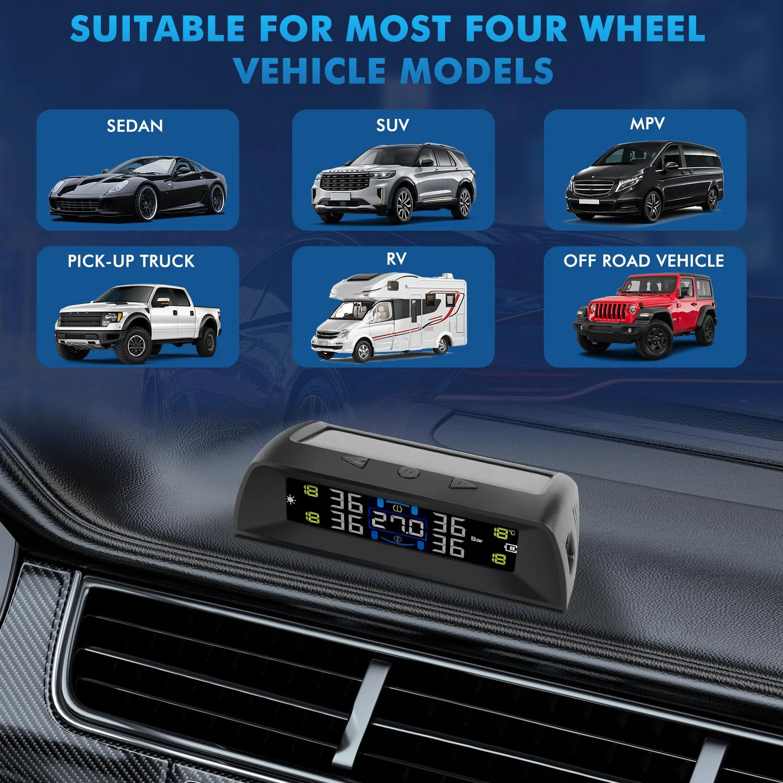 KAOLALI TPMS Sistema Monitoraggio Pressione Pneumatici con 4 Sensori 0-72 PSI Allarme Temperatura