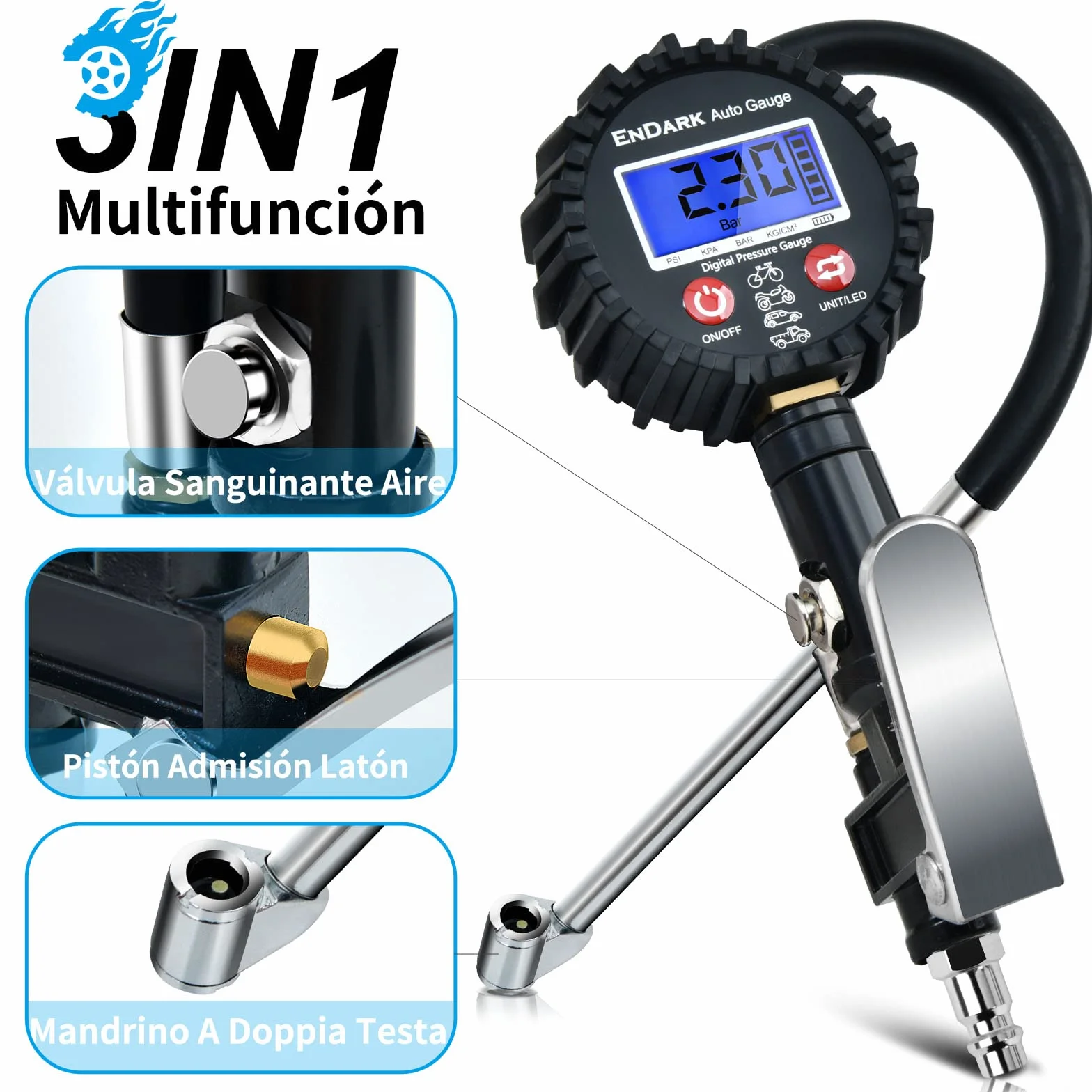 ENDARK Manometro Pressione Gomme Digitale Professionale per Gonfiaggio Pneumatici Auto Moto Camion Bici