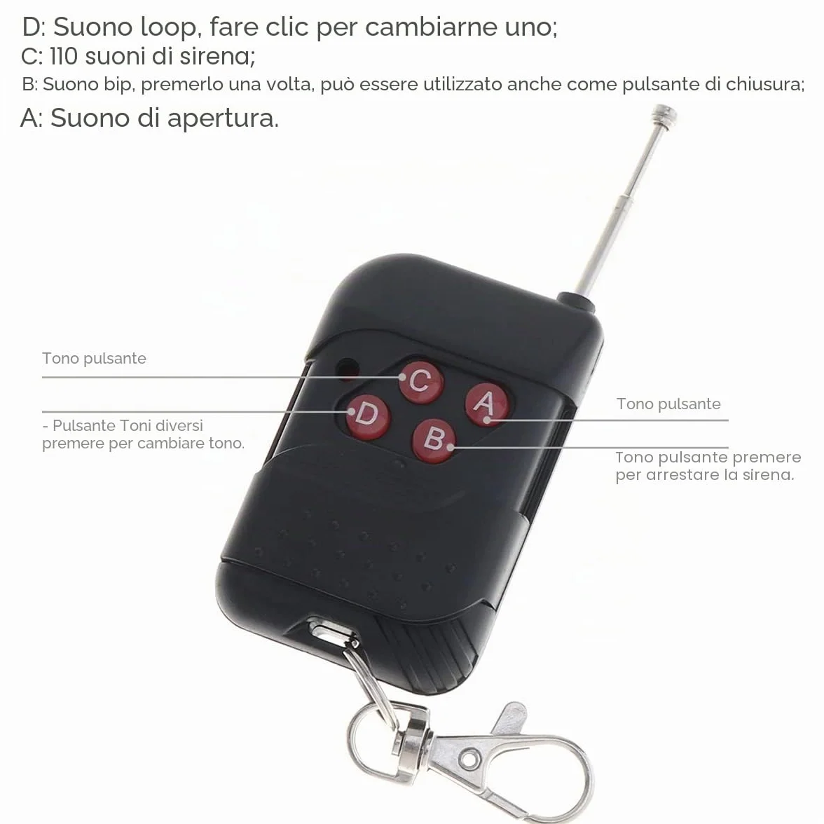 Sirena per auto con 7 diversi toni, suono del clacson, ambulanza, sirena, traffico, con telecomando, 12 V, 100 W (1 x telecomando)