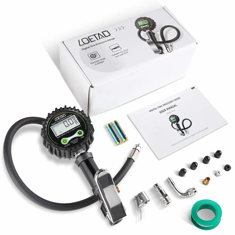 LOETAD Manometro Pressione Gomme Professionale, Manometro Digitale, Pistola Gonfiaggio Pneumatici 200 PSI Alta Precisione con Luce a LED e Schermo LCD per Auto, SUV, Camion, Moto e Biciclette