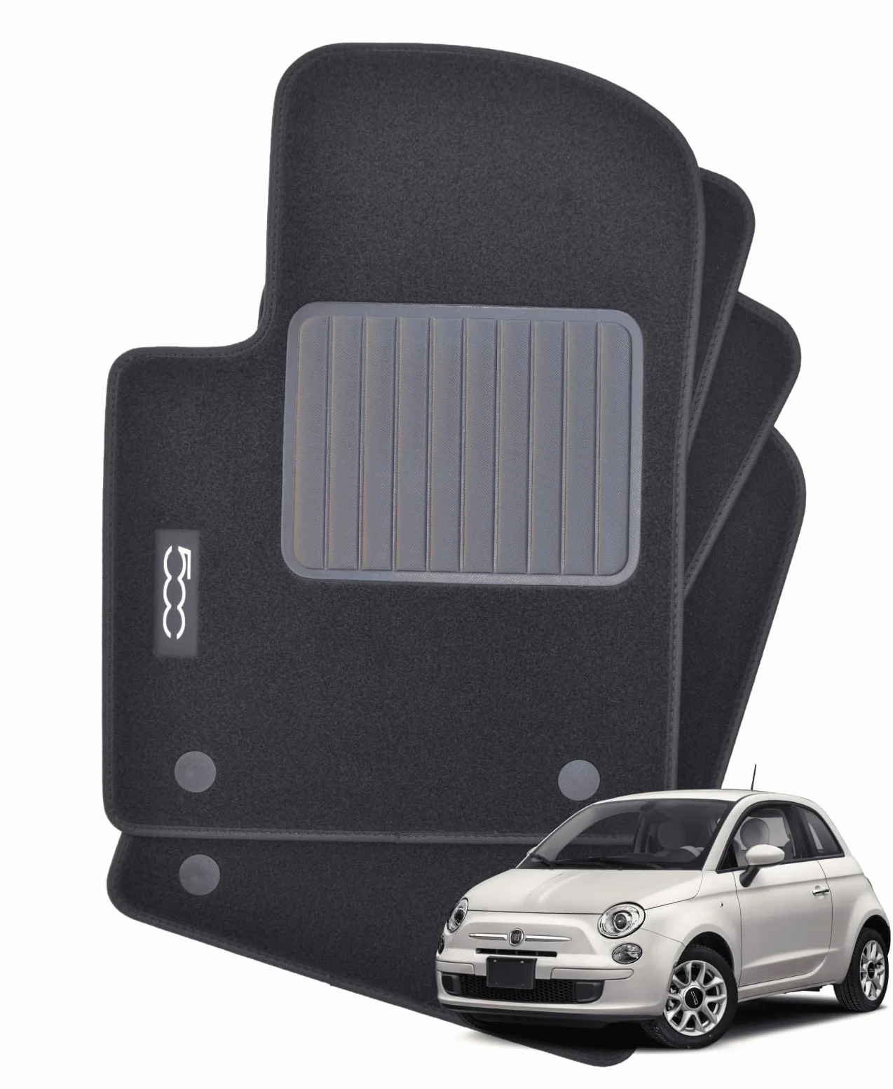 Tappetini Per Fiat 500 dal 2015, Con Logo Ricamato 2 Pin Di Sicurezza, Alta Qualità, Made In Italy.