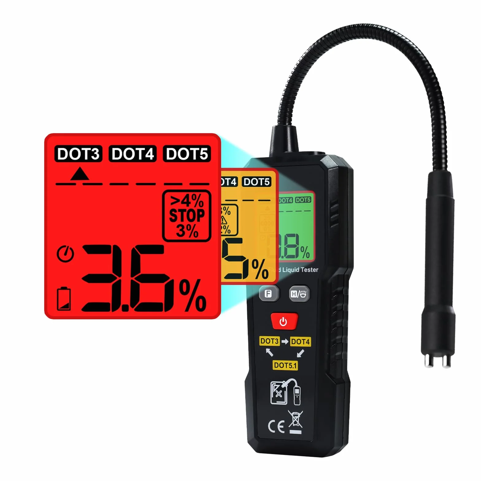 Tester di Umidità del Liquido dei fFreni DOT3/DOT4/DOT5.1 Rilevatore di Olio dei Freni 0-4% di Umidità con Torcia LED, Indicatore di Colore e Cicalino Strumento Diagnostico di Allarme per Auto e Moto