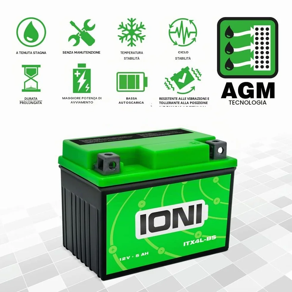 Batteria AGM 12V 5Ah compatibile con YB4L-B, YTX4L-BS per scooter IONI ITX4L-BS