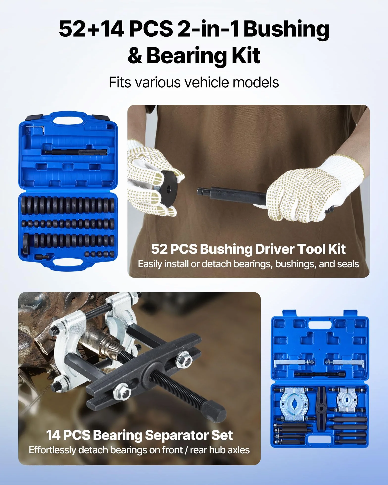 VEVOR Kit Pressa per Cuscinetti, 52+14 Pezzi, Set di Driver con 49 Boccole, Separatori e Ganasce, Custodia