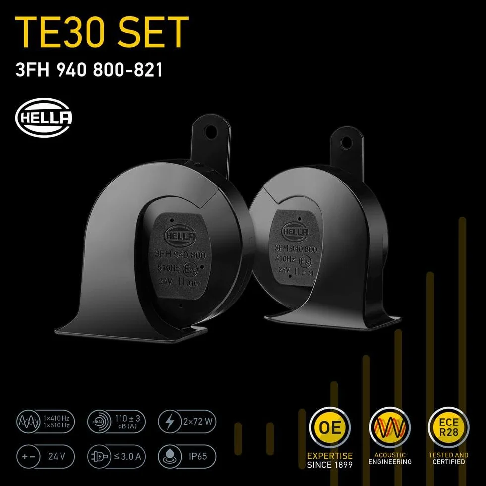 HELLA Tromba,HEAVY DUTY HORN TE30 SET,24V,110dB(A),Gamma frequenze da,410Hz,Gamma frequenze fino a,510Hz,Tono alto/Tono basso,elettrico,Quantità,2,3FH 940 800-821