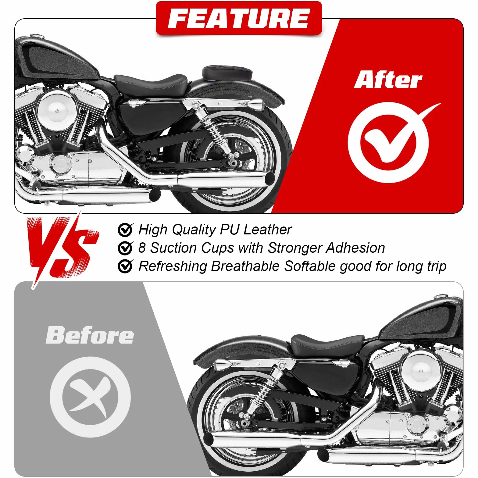 Sellino per passeggero moto, cuscino posteriore per moto, cuscino posteriore con 8 ventose compatibile con Harley Sportster XL 883 1200 Dyna per Softail Touring Cruiser Chopper Custom