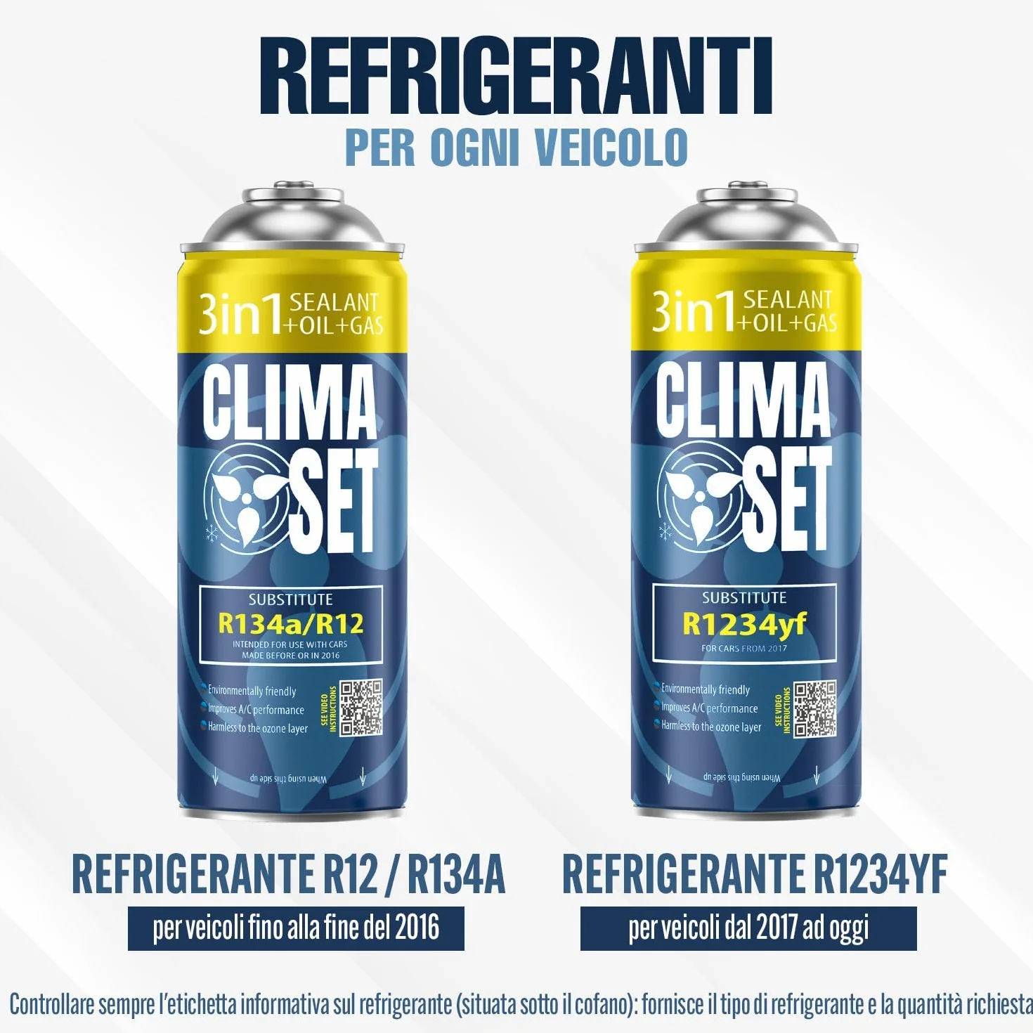 ClimaSet 3in1 Refrigerante di ricambio R134a 170 g - refrigerante R134a, R12 e Olio e Turafalle con tubo gas e manometri condizionatori - kit ricarica clima auto - ECO bombola