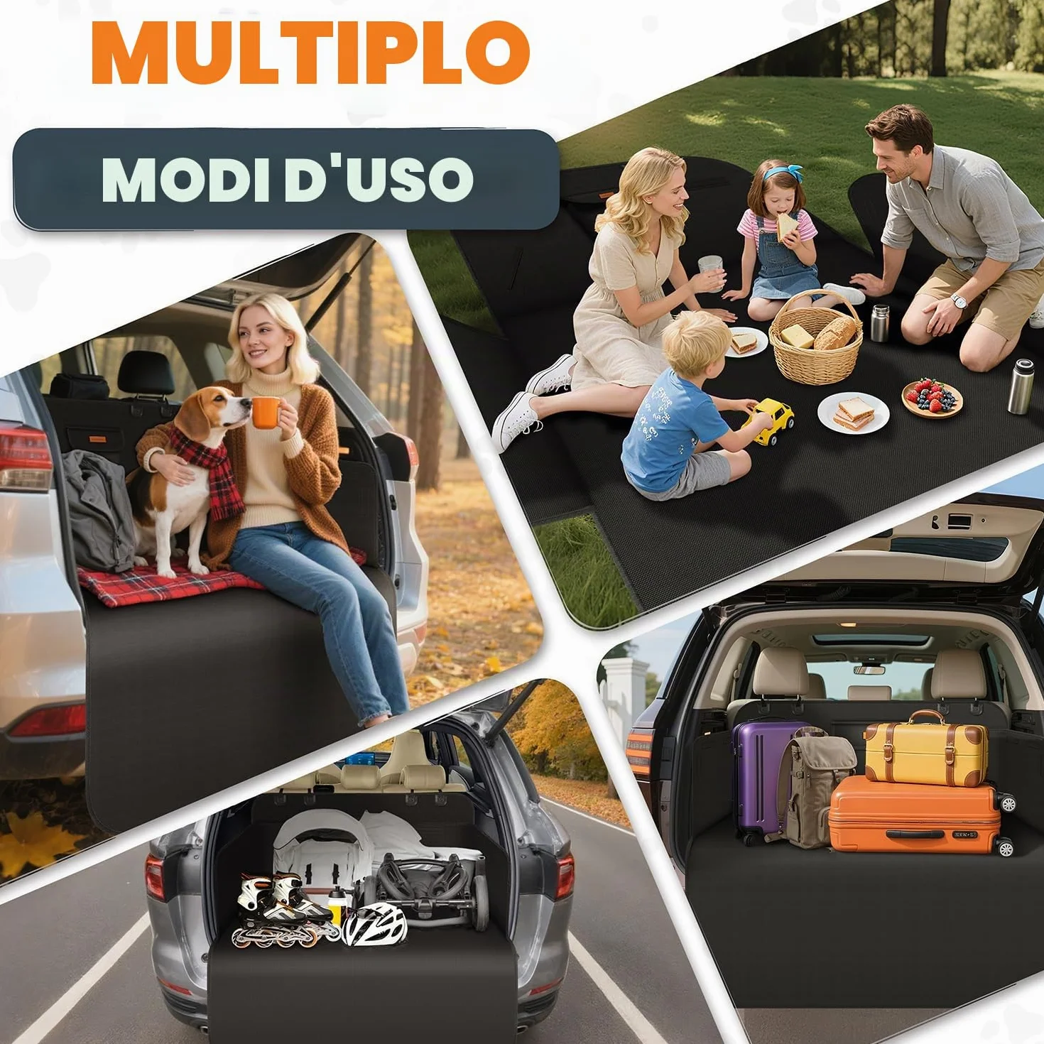 Protezione Bagagliaio Auto per Cani, Telo Auto per Cani con Tasca, Protezione Laterale e Paraurti, Impermeabile Antistrappo Antiscivolo, Universale per Auto, SUV, 183 x 104 cm, Nero(Leggero)