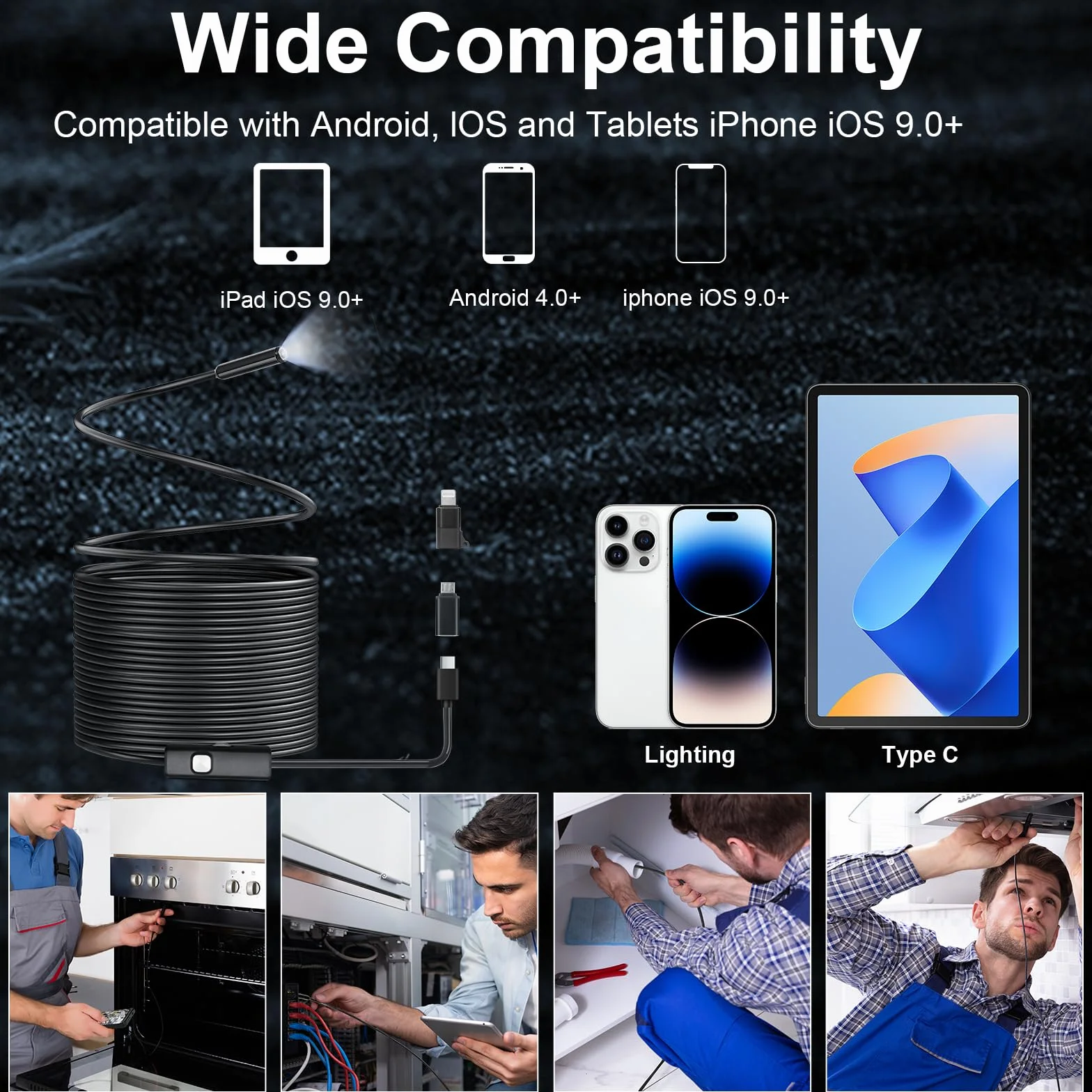 Endoscopio per Smartphone 1920P HD IP67 Impermeabile con 8 LED 32.8ft/10m