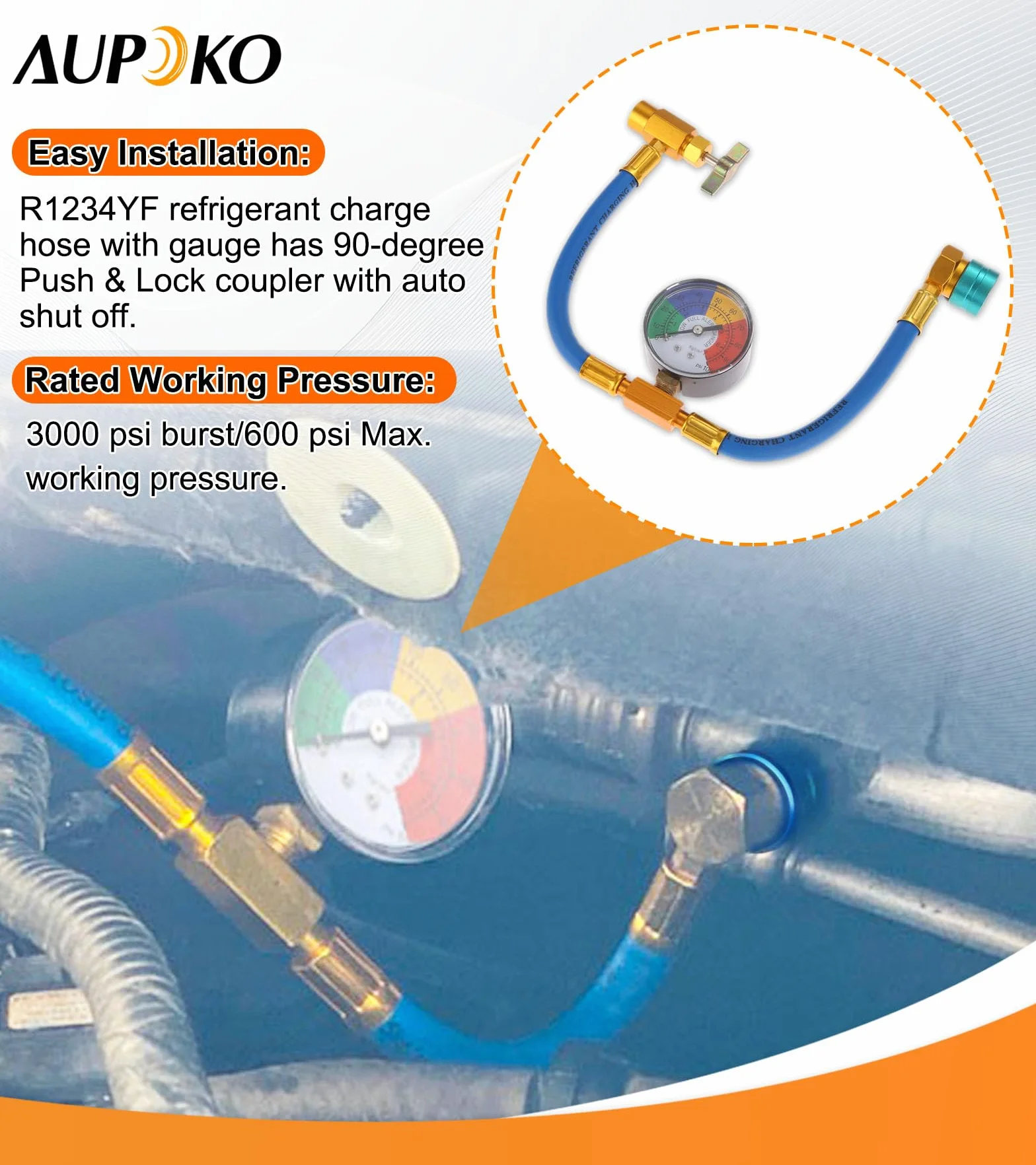 Aupoko R1234YF R1234YF - Kit per tubo di ricarica refrigerante Acme a sinistra per auto e casa A/C Refrigerant System R1234YF Low Side Quick Coupler e manometro per auto e casa A/C Refrigerant System