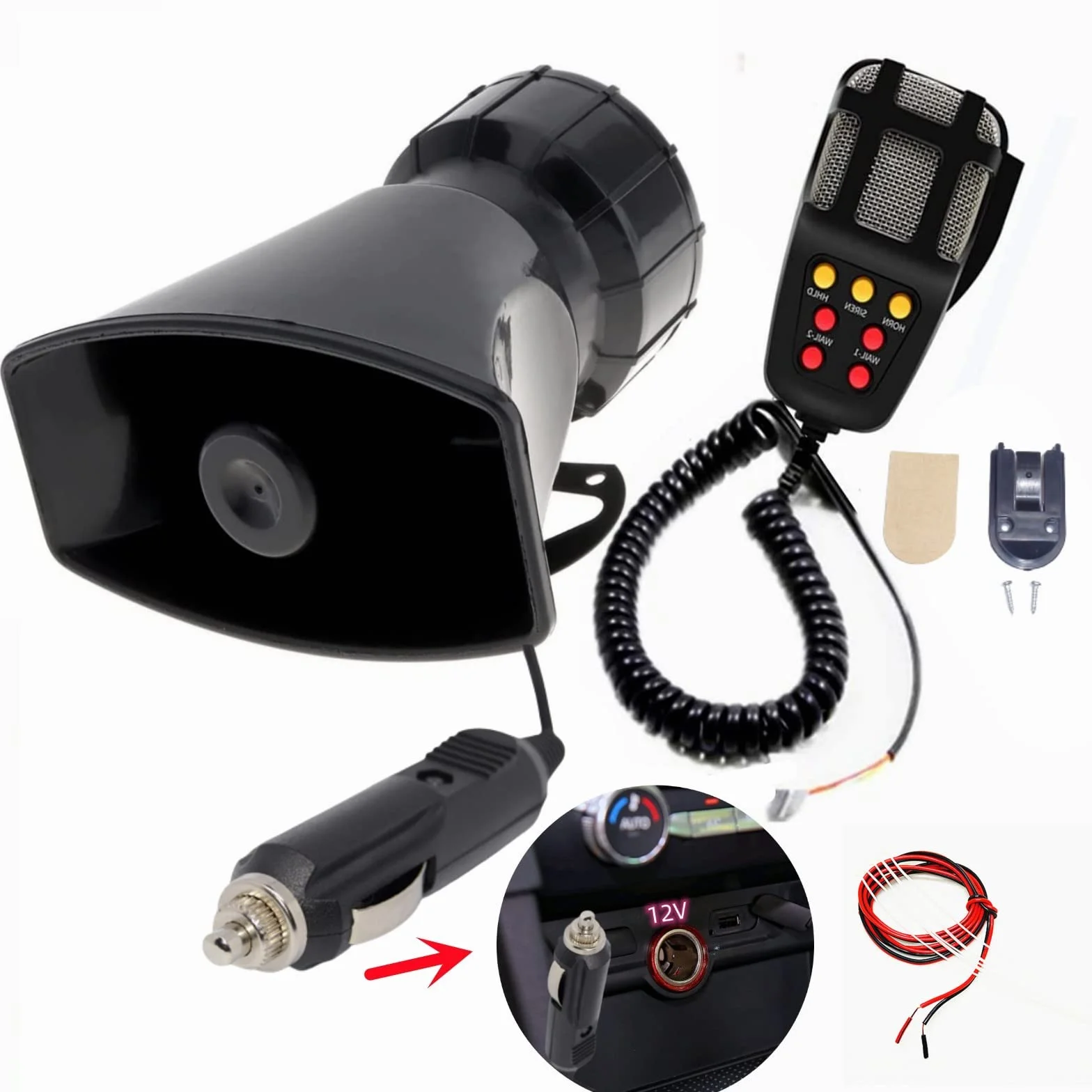 Clacson per Auto Collegare l'Accendisigari 130db Car Horn Amplificatore del Suono di Emergenza Sirena Con Microfono PA 7 Toni per 12V Macchina Barca