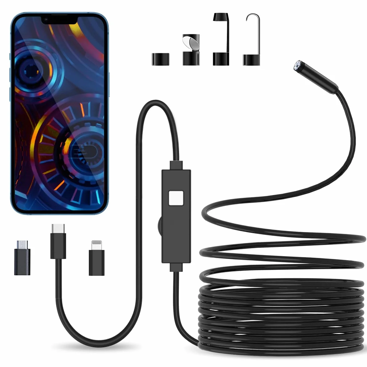 Endoscopio per Smartphone 1080P HD 7,9 mm IP67 Sonda Impermeabile Cavo Semirigido 5M Compatibile iOS Android