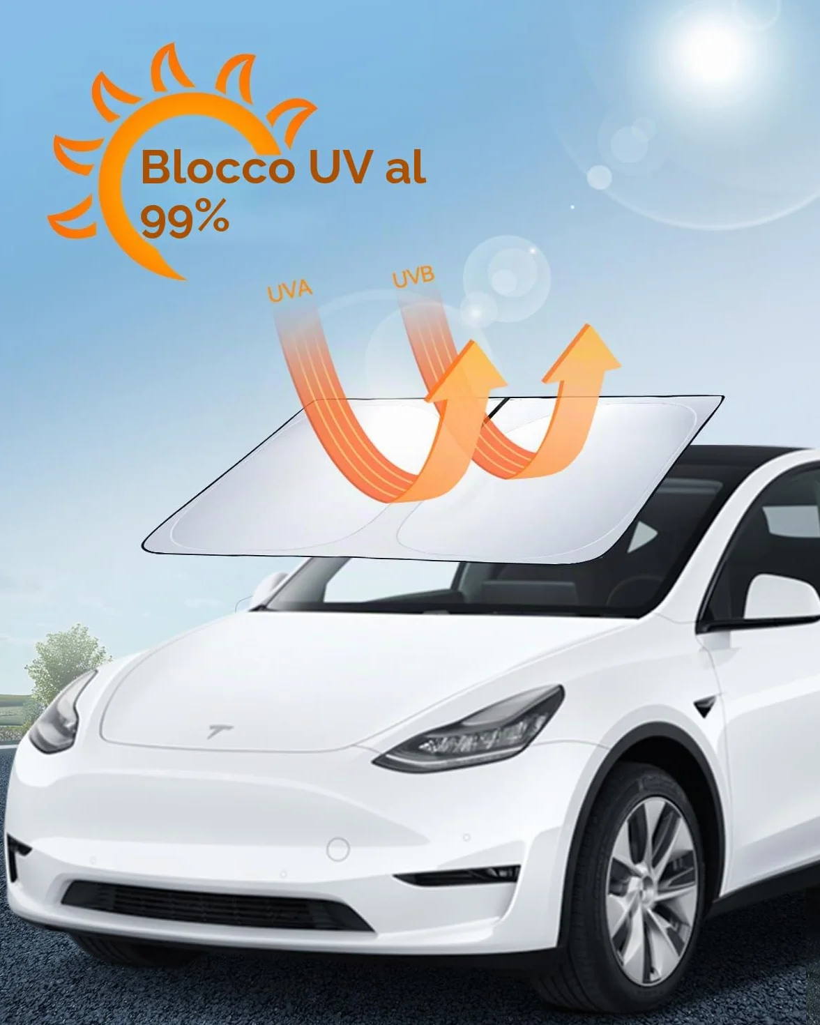 Paravento Parabrezza per Tesla Model 3/Y Parasole Pieghevole con Borsa di Stoccaggio Blocca i Raggi UV Ombrello Model 3/Y 2018-2026 Highland Juniper Accessori