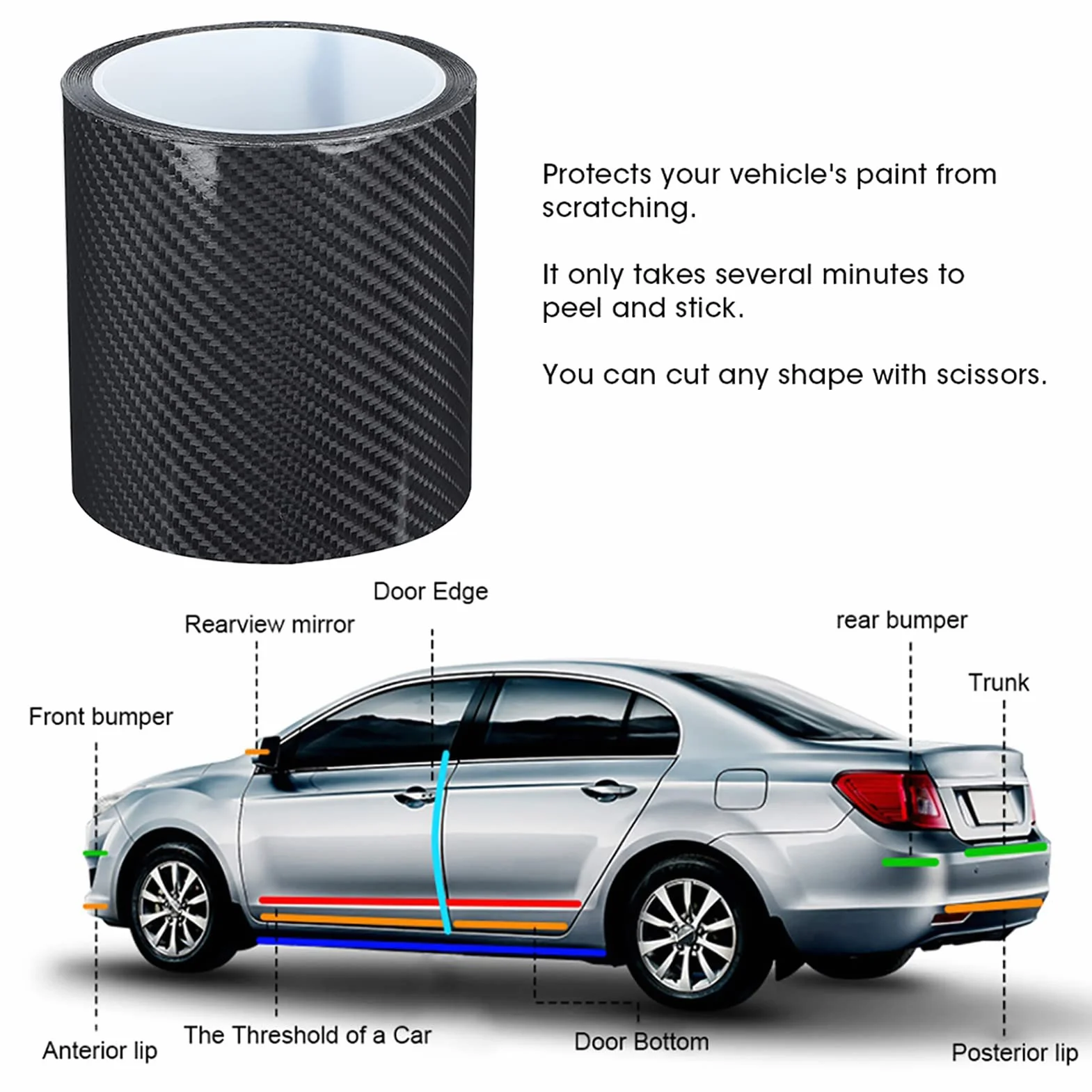 Fydun Nastro Fibra di Carbonio, Protezione Paraurti Auto Nero Pellicola Carbonio Adesiva Adesivo AntiGraffio per Protezione del Bordo della Portiera Auto per Porta, Bagagliaio,