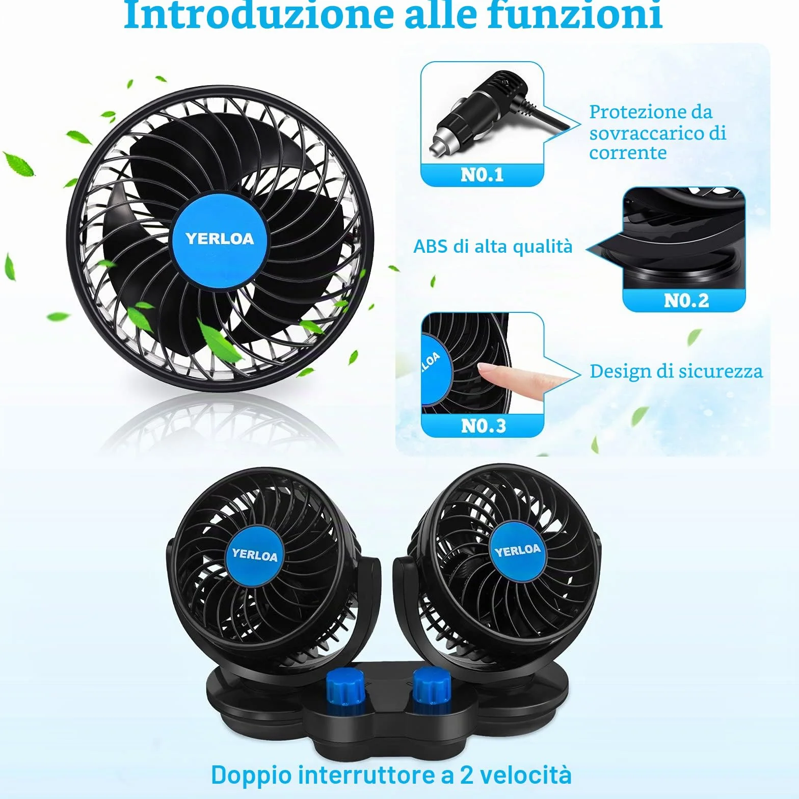 Yerloa Ventilatore Auto 12V a Doppia Testa Silenzioso 360° Raffreddamento per SUV Camper Barca RV