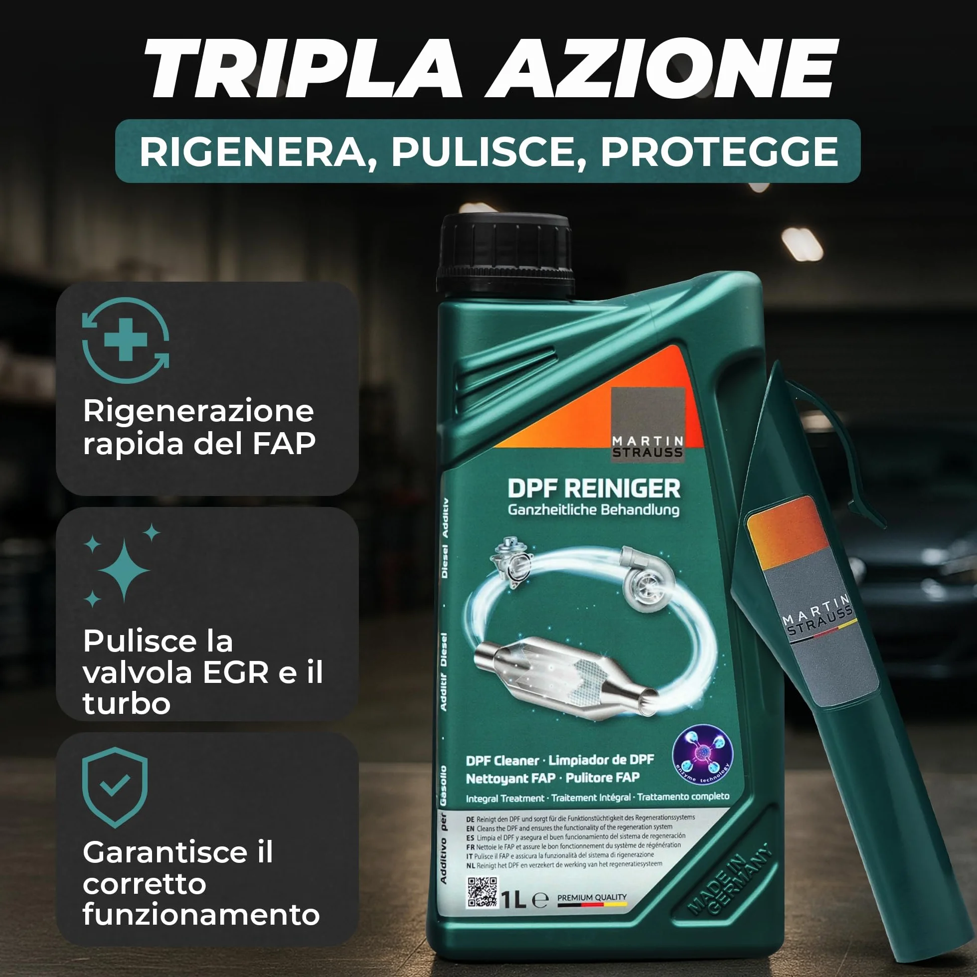 Martin Strauss Pulitore FAP - Filtro Antiparticolato Dpf, 3 Dosaggi, Trattamento Completo +EGR +Turbo, Cura Il Sistema FAP, 1 Litro, 3 Applicazioni