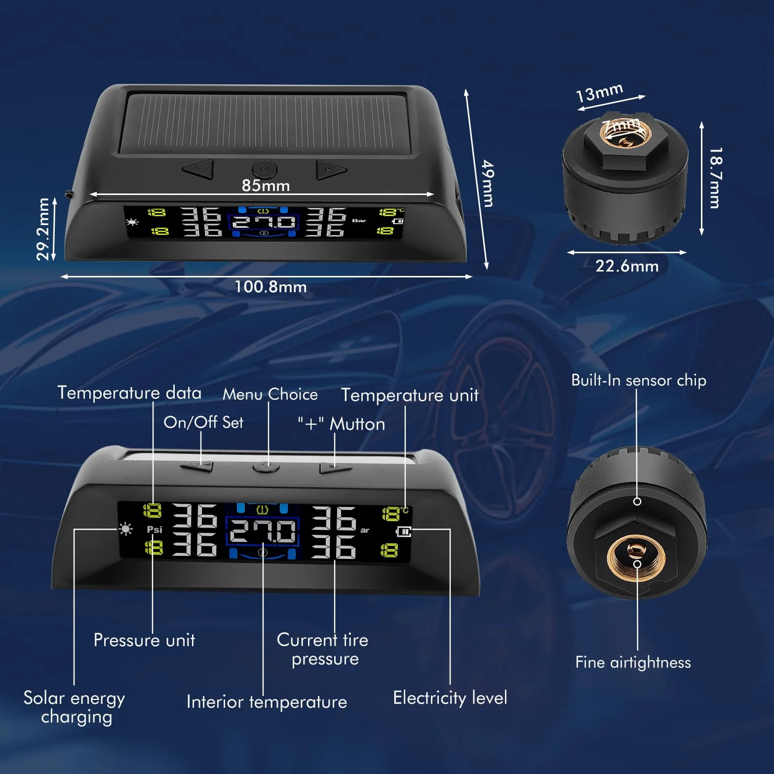 KAOLALI TPMS Sistema Monitoraggio Pressione Pneumatici con 4 Sensori 0-72 PSI Allarme Temperatura
