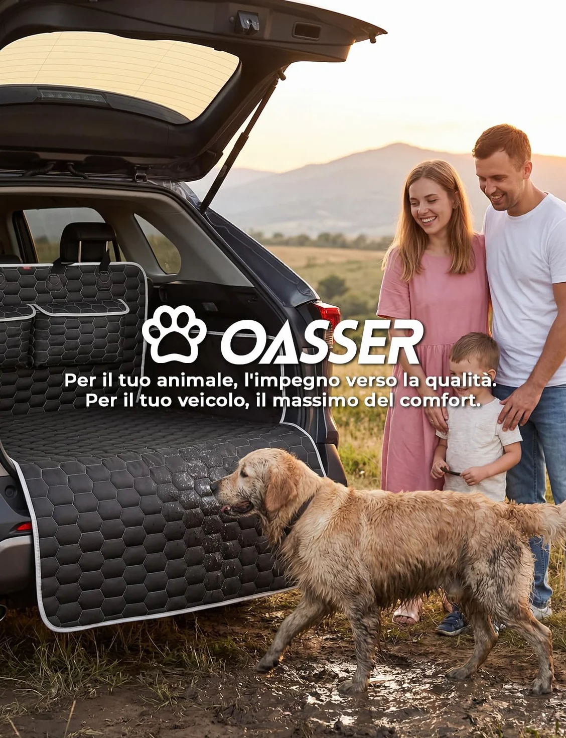 Oasser Telo Auto per Cani Bagagliaio con 2 Tasche Grandi,Impermeabile,Antiscivolo,Antipolvere,185 x 103 cm con Protezione Laterale e Paraurti,Lavabile in lavatrice,Universale per Auto e SUV Nero