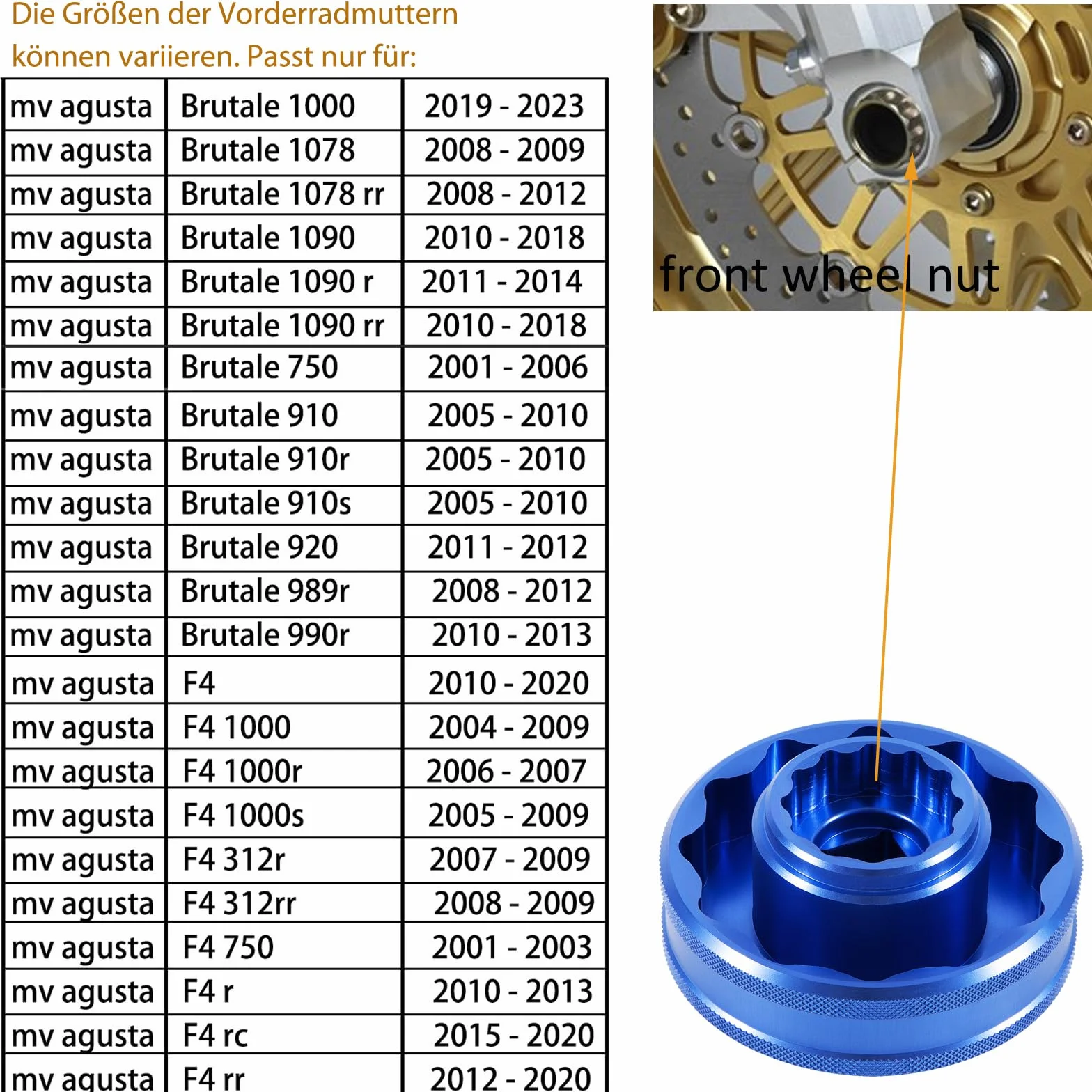 Chiave a bussola poligonale per dadi mozzo MV AGUSTA 56 mm posteriore 26 mm anteriore