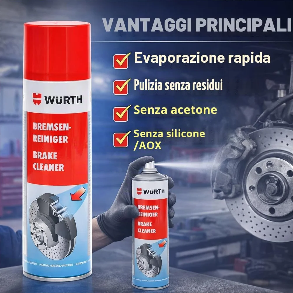 Wurth Detergente per freni, rimozione di grassi e rifiuti di olio, senza danni in plastica, ad asciugatura rapida, senza silicone, confezione da 4