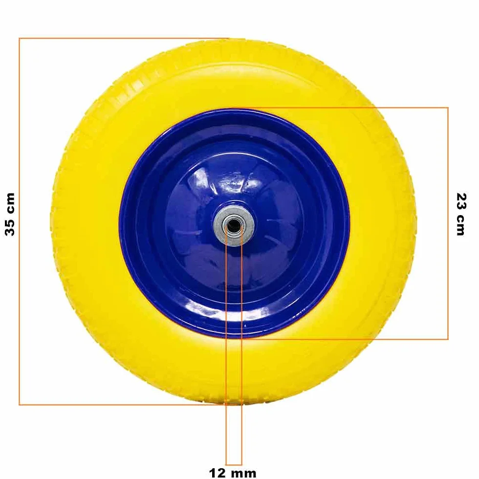 Ruota Piena in Poliuretano Giallo Antiforatura per Carriola Diametro 35cm Larghezza 9cm 3.50-8 Cerchio Acciaio Asse 170mm