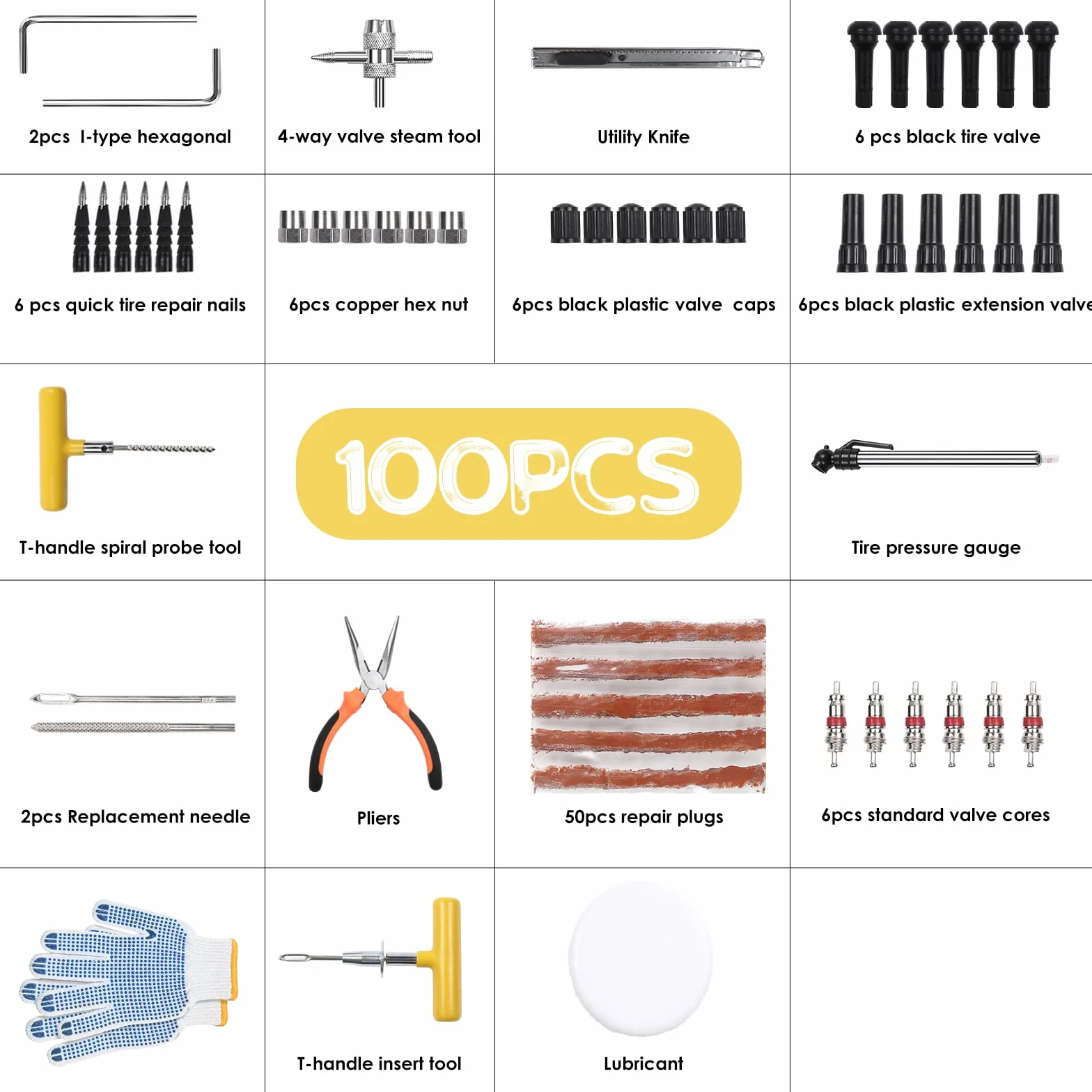 Kit Riparazione Pneumatici 100 Pezzi con Manometro Pressione, Guanti e Riparazione Rapida Chiodo per Auto Biciclette Motocicli