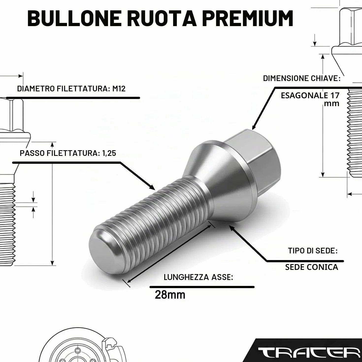 20 bulloni per ruote FIAT 500 tipo Uno, Strada, Barchetta, Brava, Bravo, Cinquecento, Panda, Stilo 500X 124 Spider 128 Coupé Croma Idea Linea Marea Ritmo x1/9 Palio M12 x 1,25 28 mm, dado conico