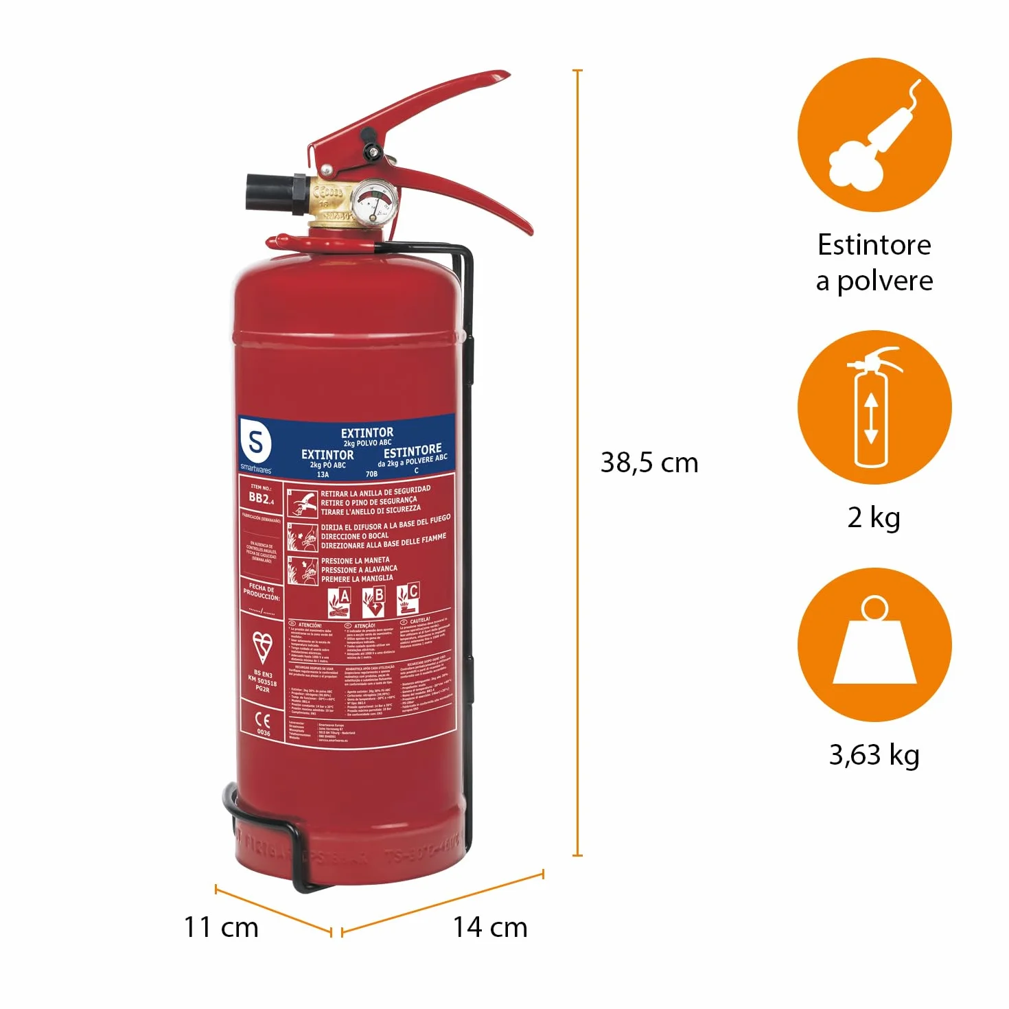 Smartwares Estintore a polvere 2 kg ABC per veicoli abitazioni con staffa di montaggio