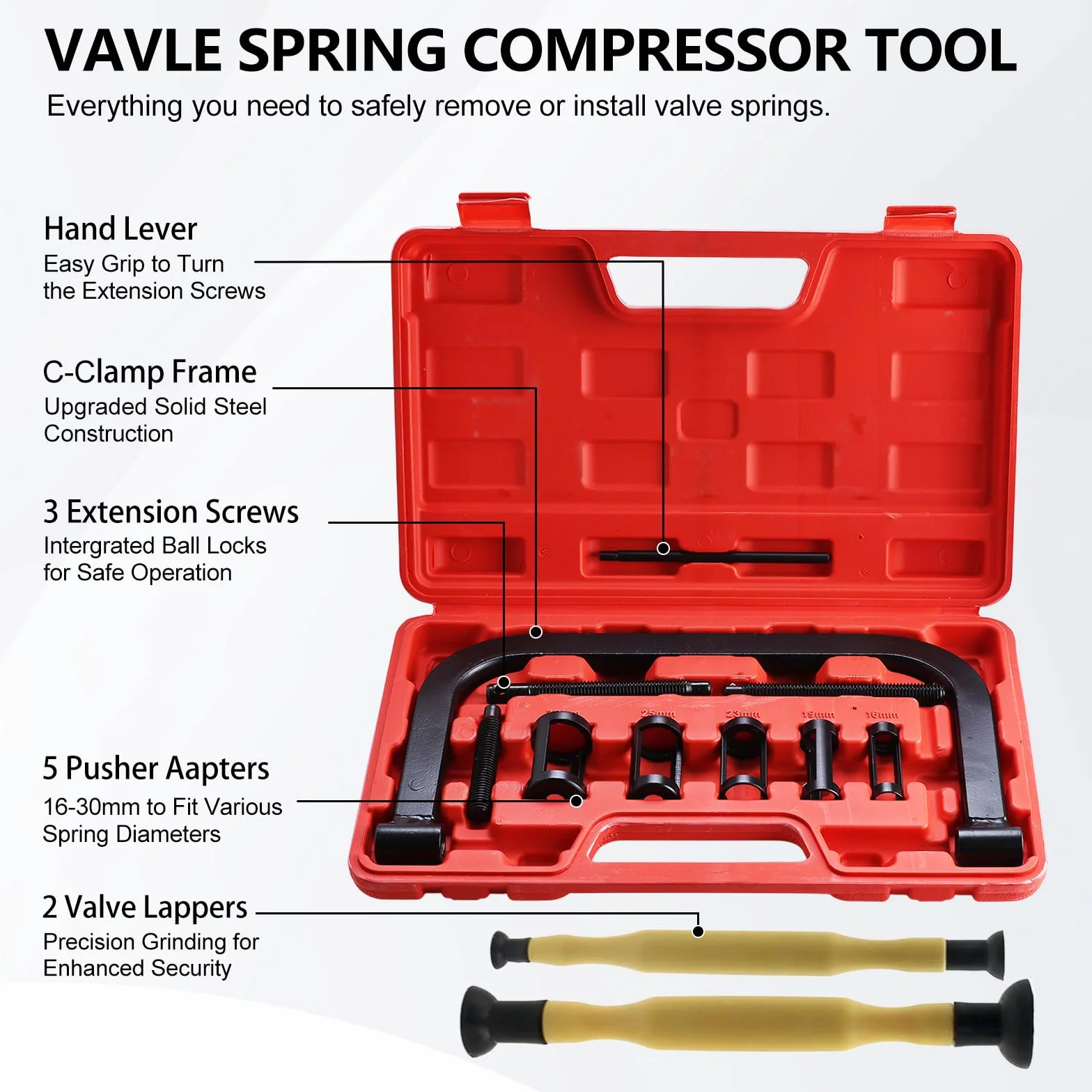 FreeTec 12 Pezzi Compressore Molle Valvole, 16-30mm Set Compressore Molle Valvole con Smerigliavalvole, Morsetto C Massiccio Attrezzo Compressore Molle della Valvola per Motore Moto Auto