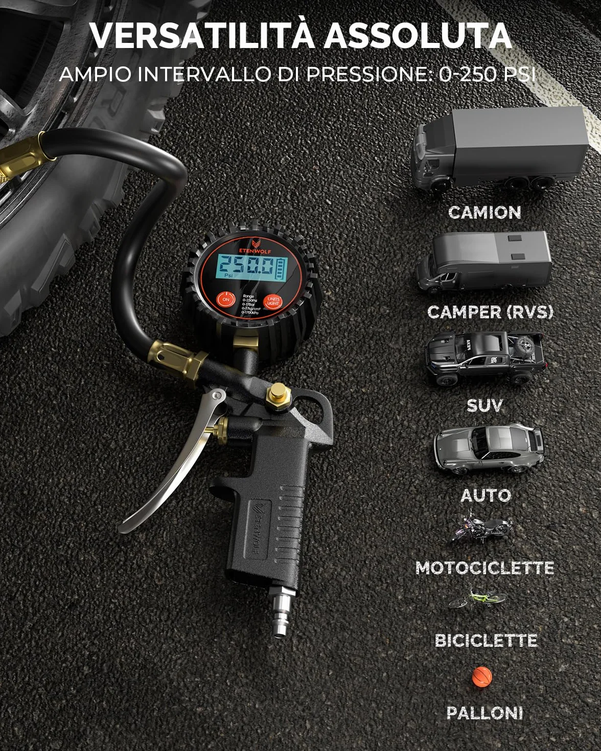 ETENWOLF T500 Manometro Pressione Gomme Digitale 0-17Bar 250 PSI Pistola Gonfiaggio con Borsa