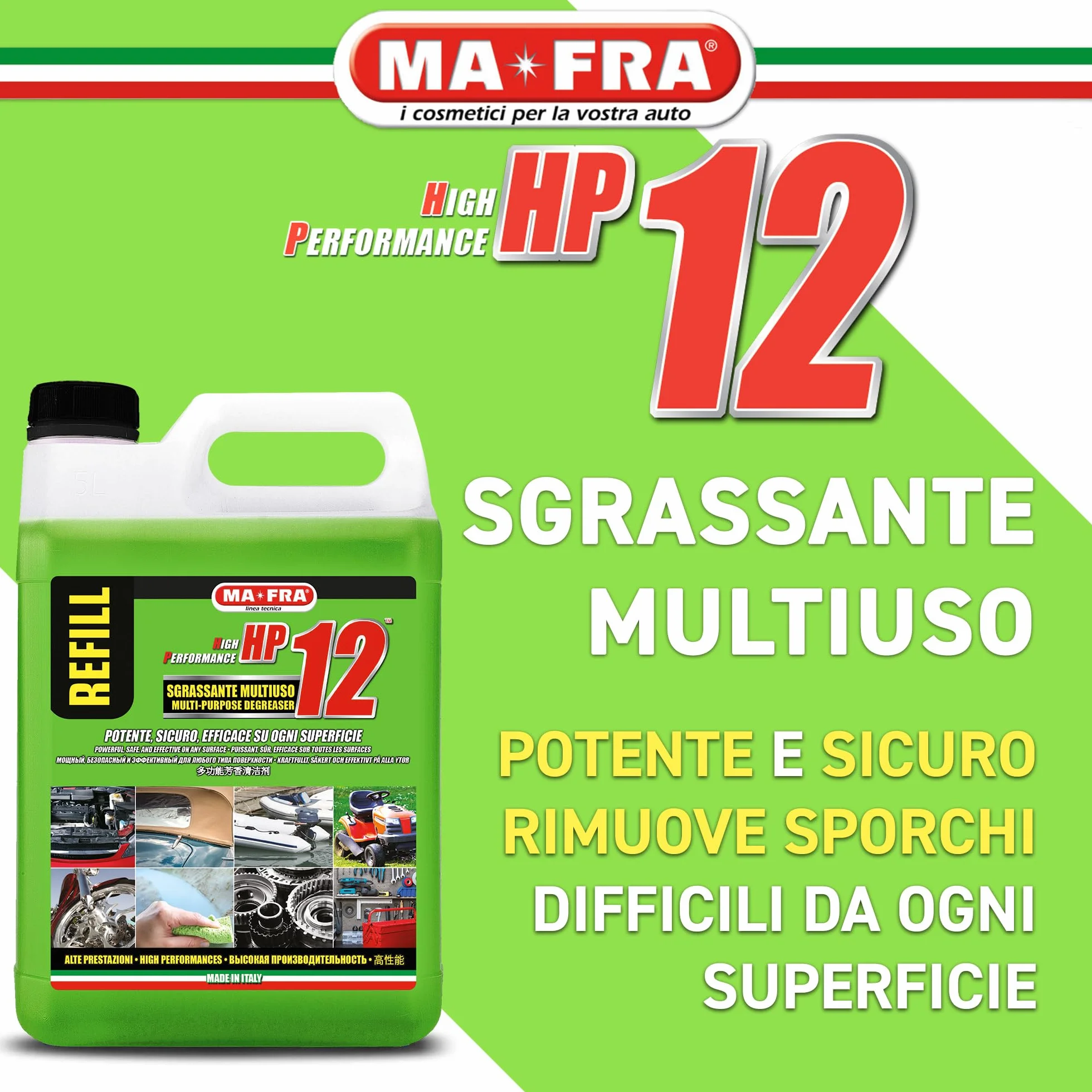 Ma-Fra, HP12, Sgrassatore Universale Multiuso con Formula Attiva, Adatto a Tutte le Superfici, Potente e Sicuro sulle Parti Trattate, Ideale per Pulizia Auto, Moto e Camper, Formato 4500ml, P0849