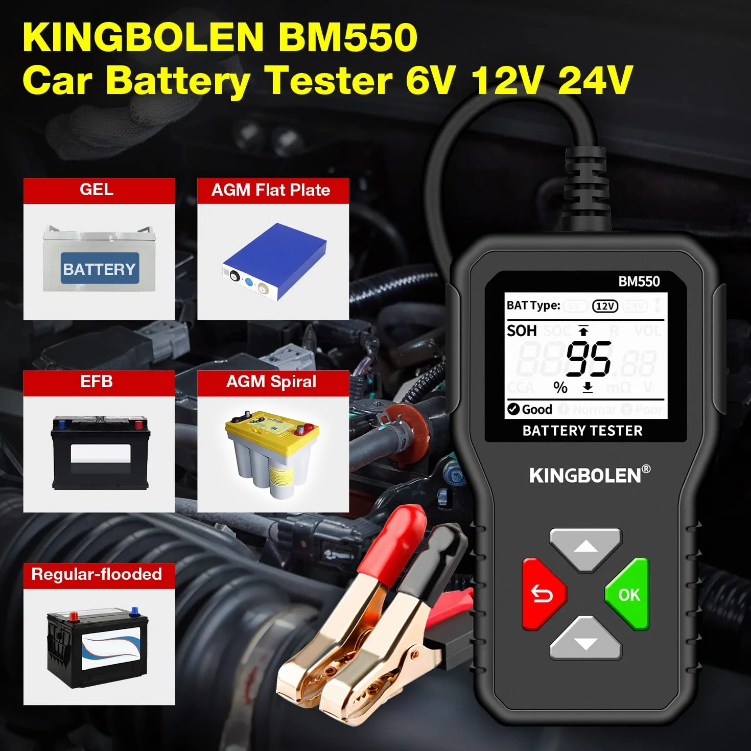 KINGBOLEN BM550 Tester Batteria 6V 12V 24V, Analizzatore Digitale 100-2000CCA 2-220Ah per Auto, Camion, Marina, Moto, SUV, Barca - Strumento di Test Alternatore