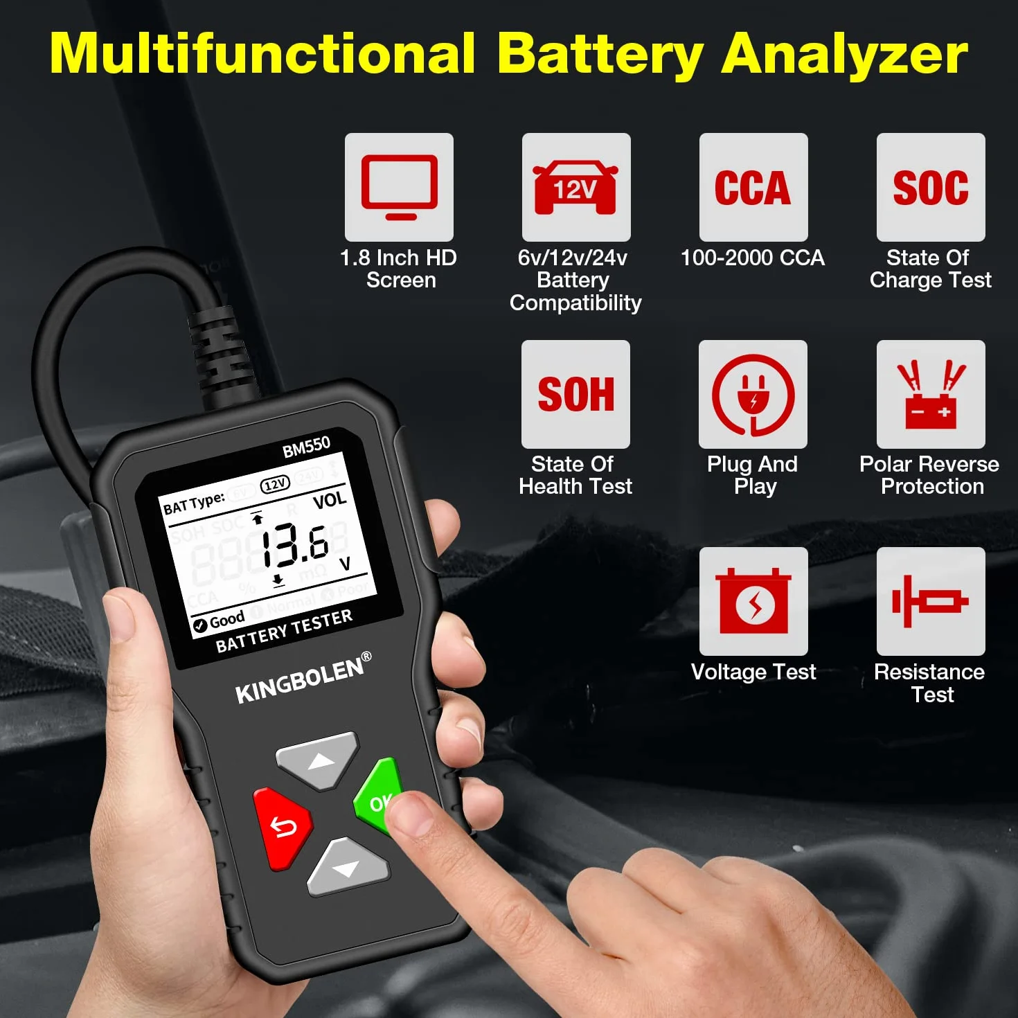 KINGBOLEN BM550 Tester Batteria 6V 12V 24V, Analizzatore Digitale 100-2000CCA 2-220Ah per Auto, Camion, Marina, Moto, SUV, Barca - Strumento di Test Alternatore