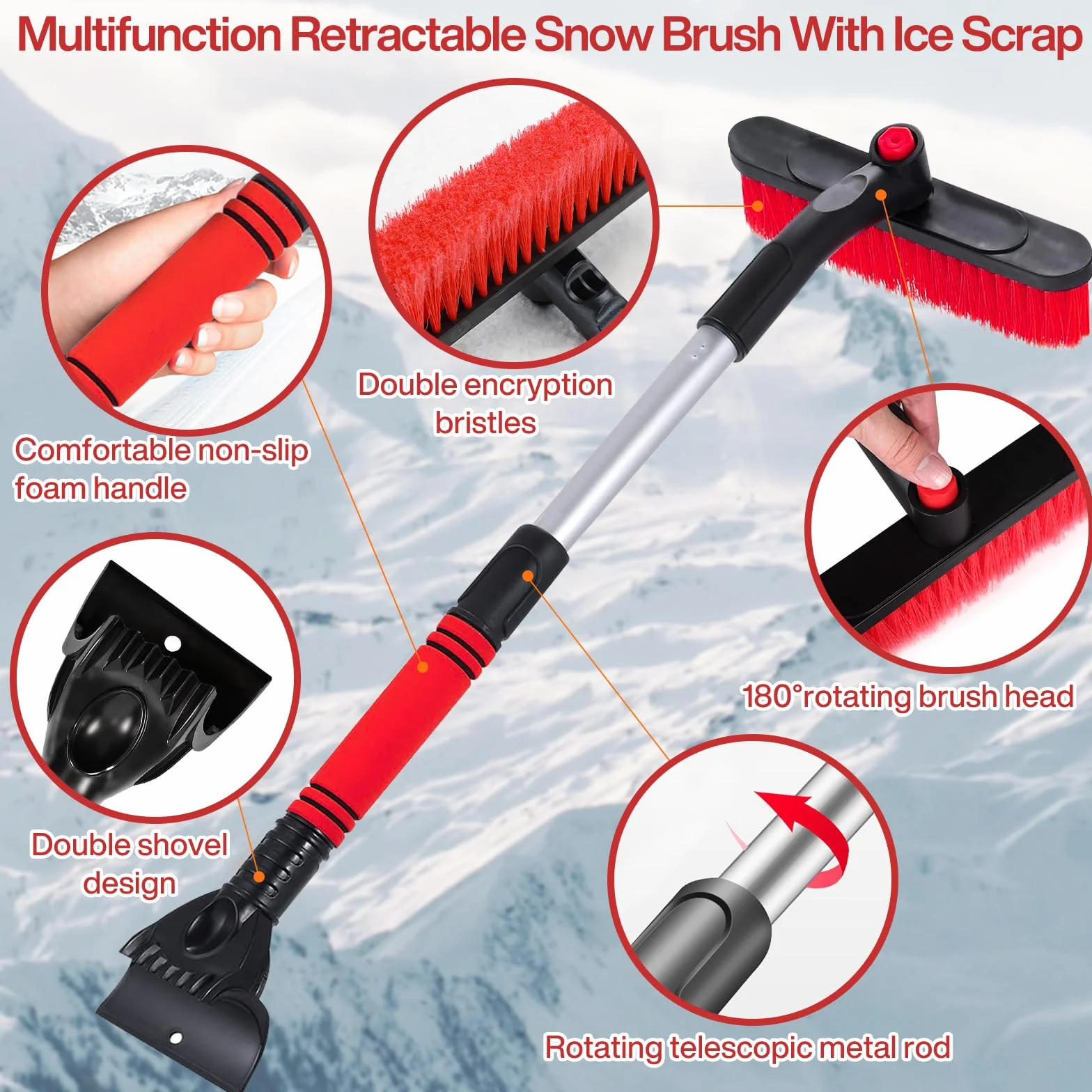 Spazzola Neve Auto 73cm Retrattile Rimovibile 3 in 1 Raschietto Rotazione 360° per Veicoli Camion SUV