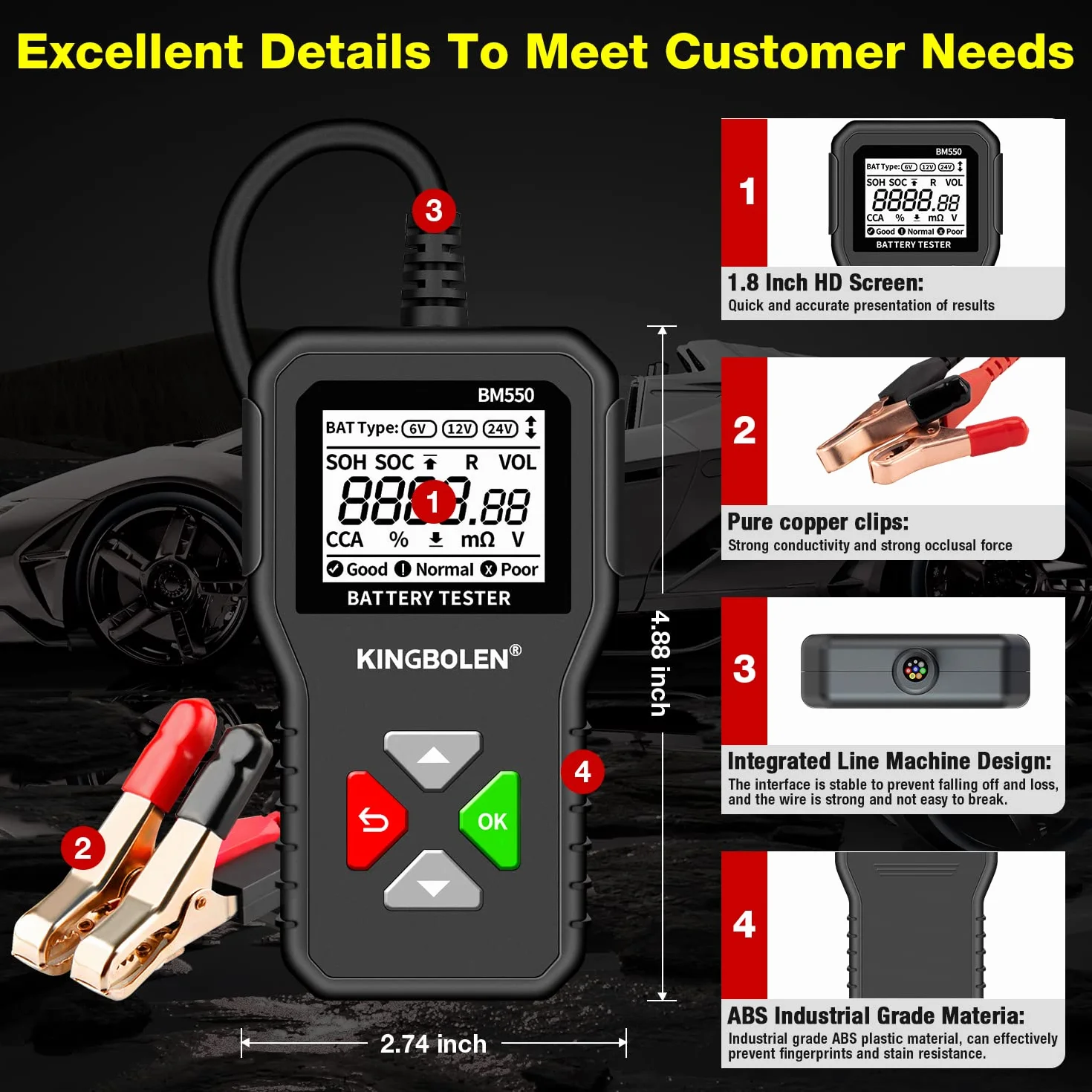 KINGBOLEN BM550 Tester Batteria 6V 12V 24V, Analizzatore Digitale 100-2000CCA 2-220Ah per Auto, Camion, Marina, Moto, SUV, Barca - Strumento di Test Alternatore