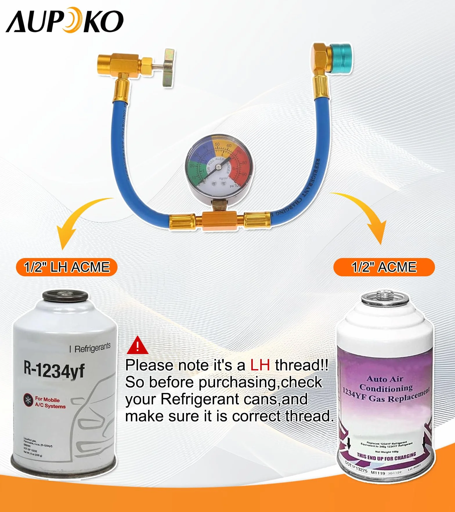 Aupoko R1234YF R1234YF - Kit per tubo di ricarica refrigerante Acme a sinistra per auto e casa A/C Refrigerant System R1234YF Low Side Quick Coupler e manometro per auto e casa A/C Refrigerant System