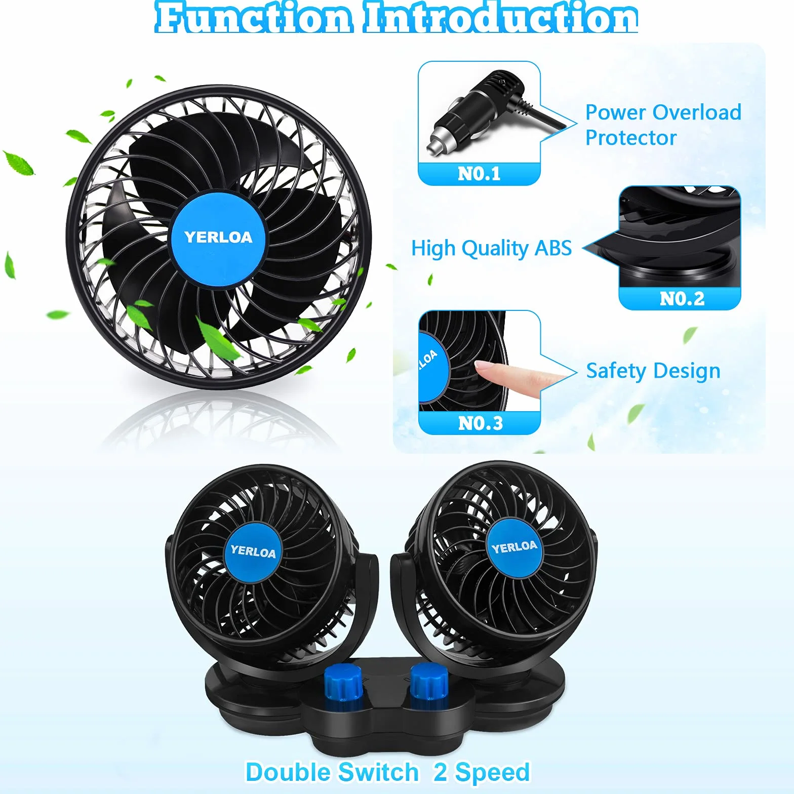 Yerloa Ventilatore Auto 12V, 12V Ventilatore di Raffreddamento per Auto con Rotazione a 360°, Potente e Silenzioso, Presa Accendisigari, per SUV, Camper, Golf Cart e Veicoli
