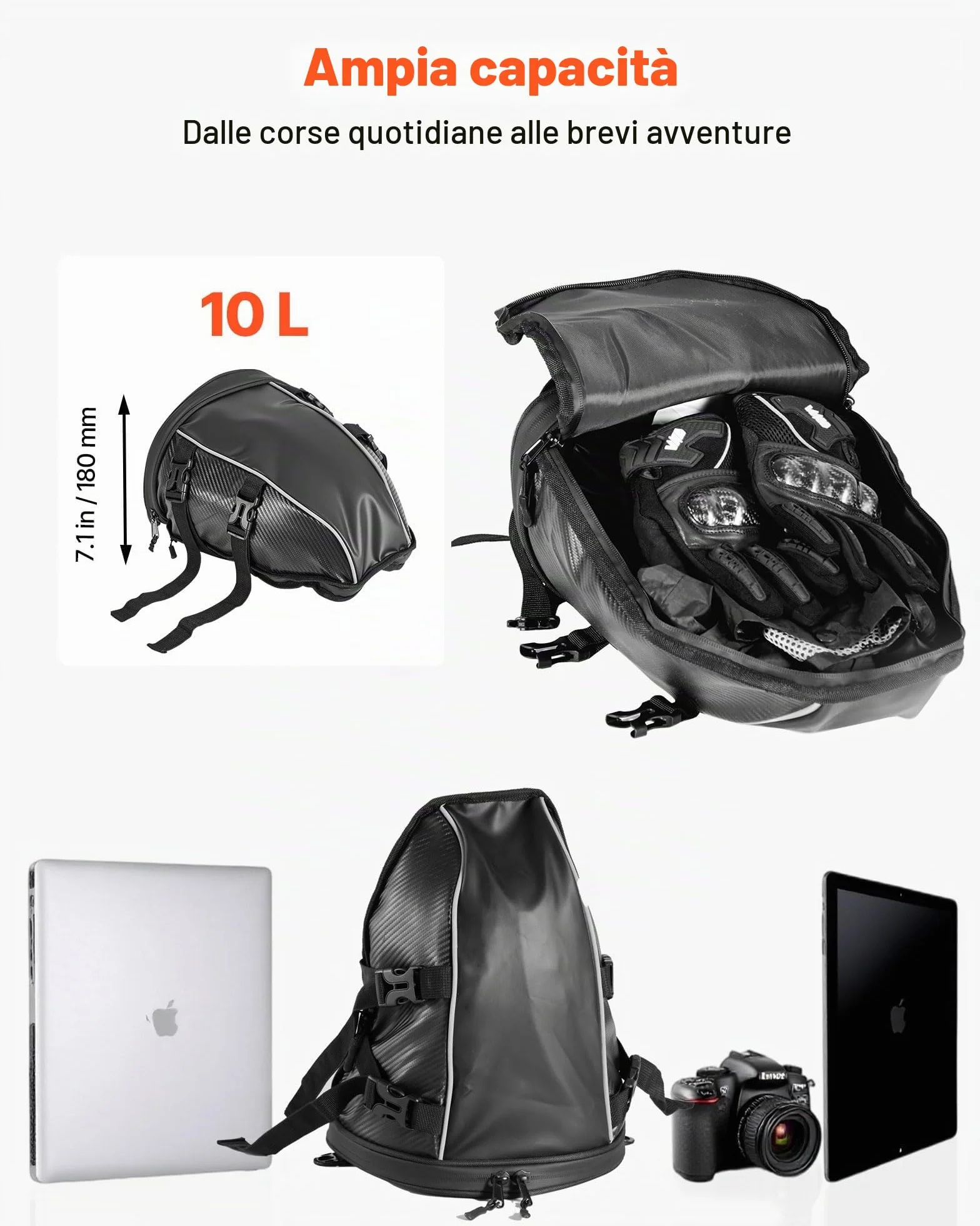 VEVOR Borsa Posteriore per Moto, Espandibile 10 L, Impermeabile, Antipioggia, Zaino, Tracolle, Tasca, Nero