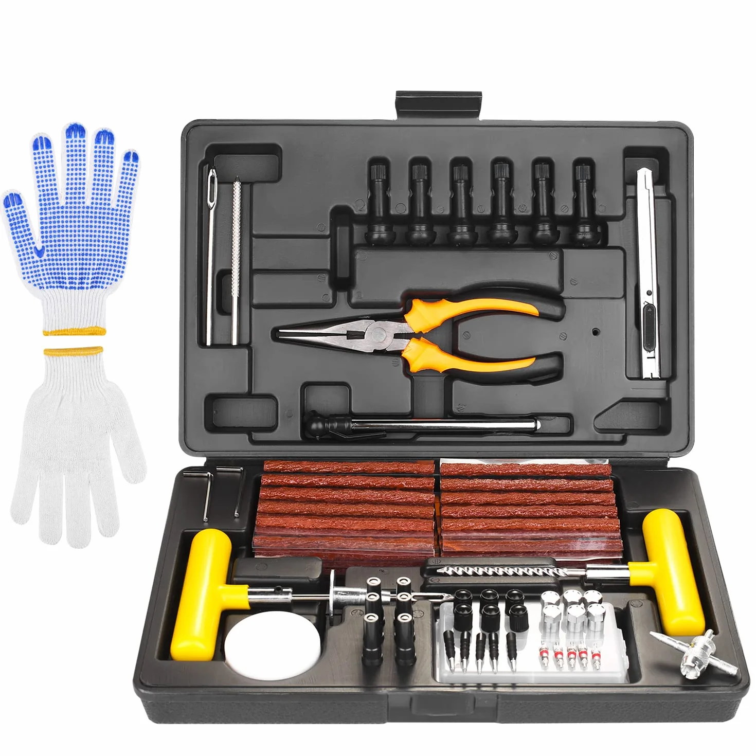 Kit Riparazione Pneumatici 100 Pezzi con Manometro Pressione, Guanti e Riparazione Rapida Chiodo per Auto Biciclette Motocicli