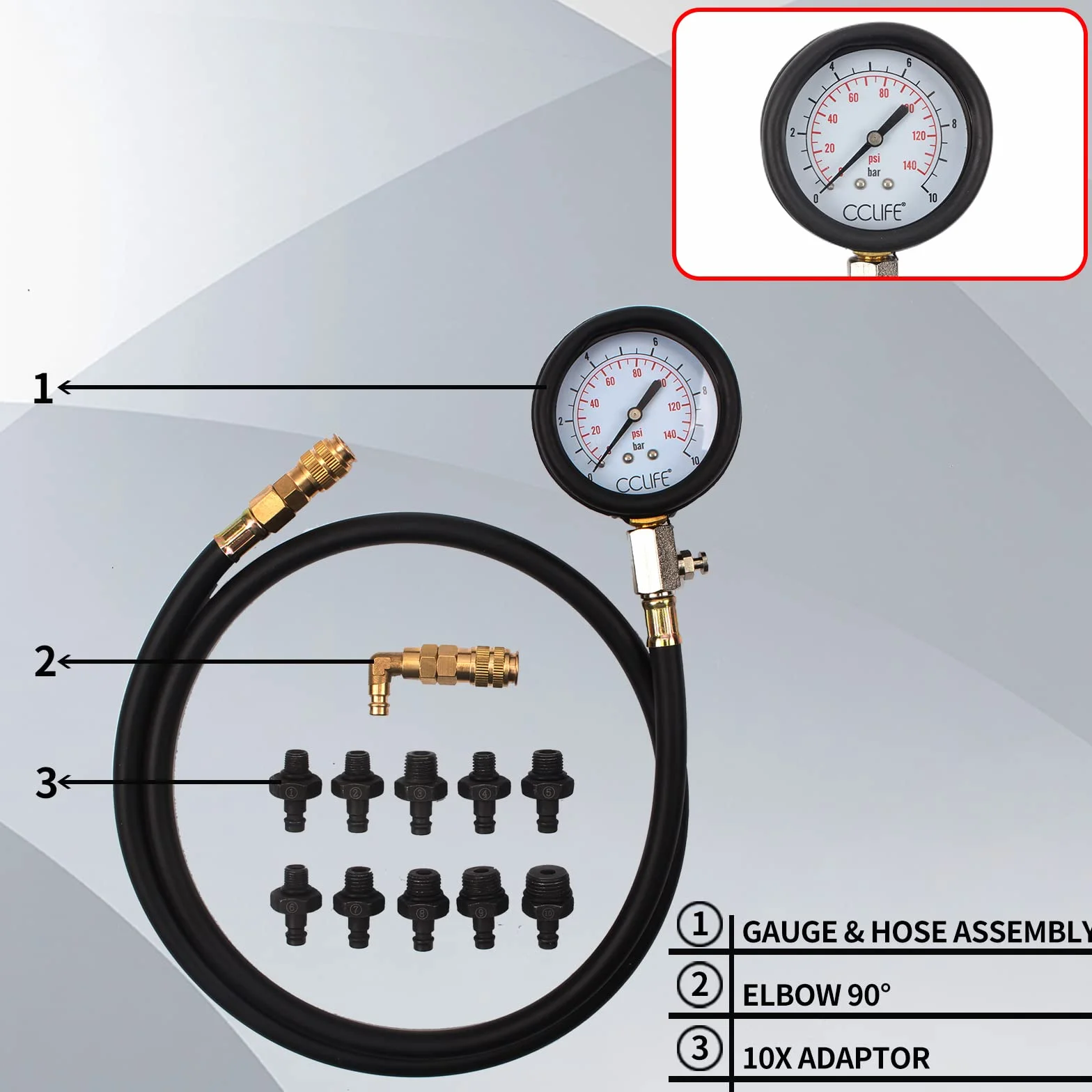 CCLIFE Set per Testare la Pressione della Benzina dell’Auto, Manometro per Carburante,0-10 bar, 0 – 140 PSI