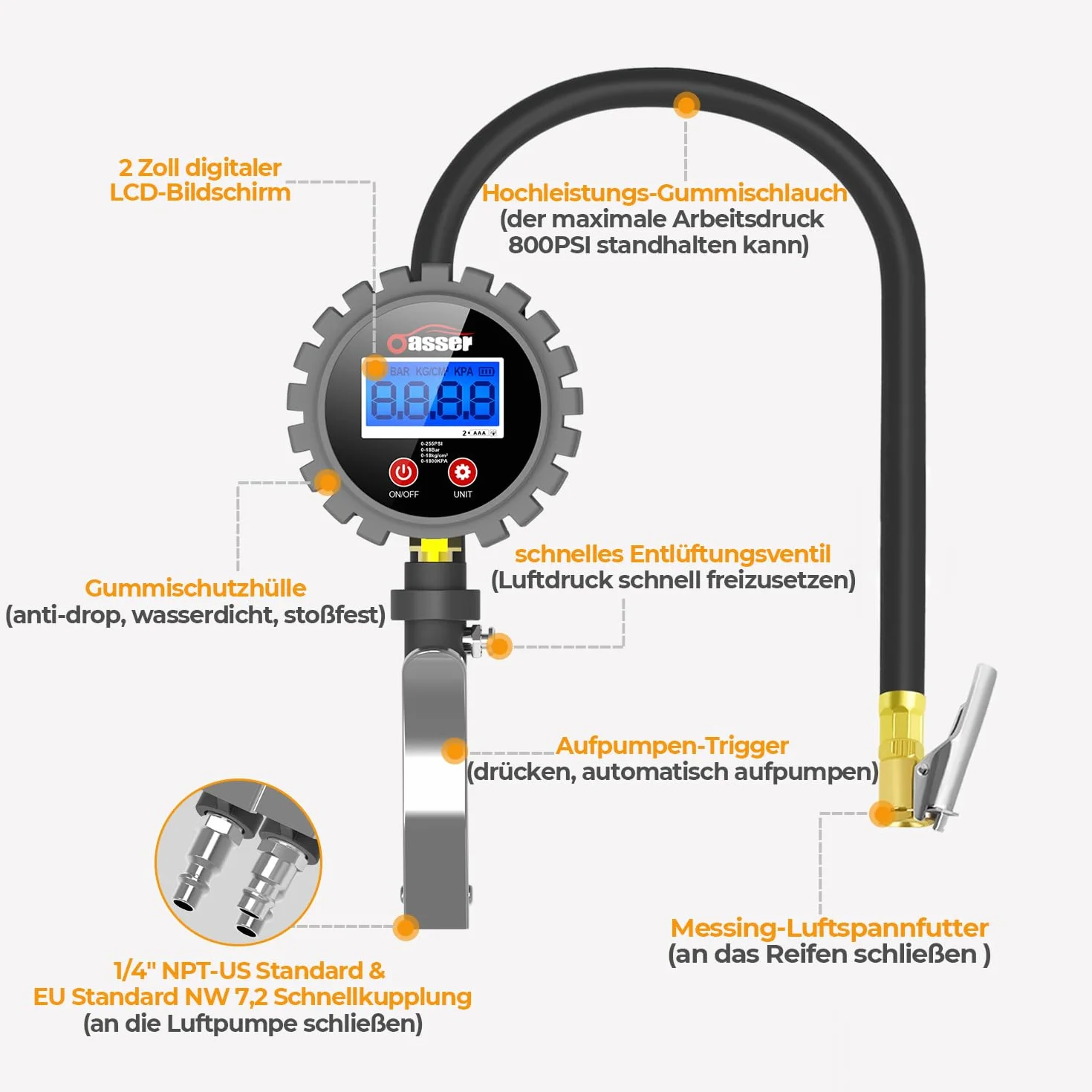 Oasser Misuratore Di Pressione Per Pneumatici Digitale Gonfiatore Pneumatici 255 Psi Tester Digitale Della Pressione Dei Pneumatici Attacco Standard Us&Eu