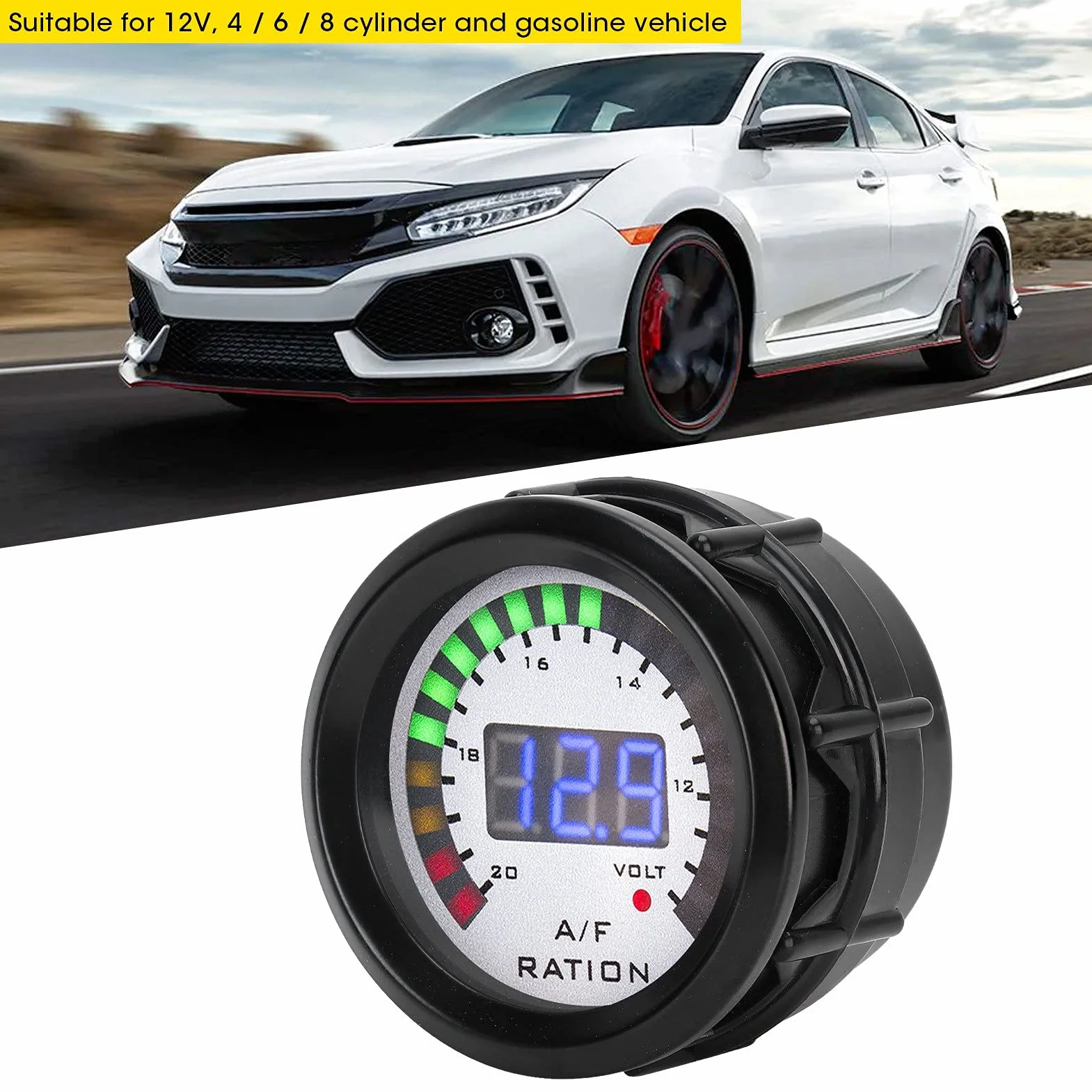 KIMISS Kit Indicatore Rapporto Carburante Aria AFR, Indicatore Rapporto Carburante Aria Auto 52mm LED Blu Digitale per Veicolo a Benzina 12V 4/6/8 Cilindri
