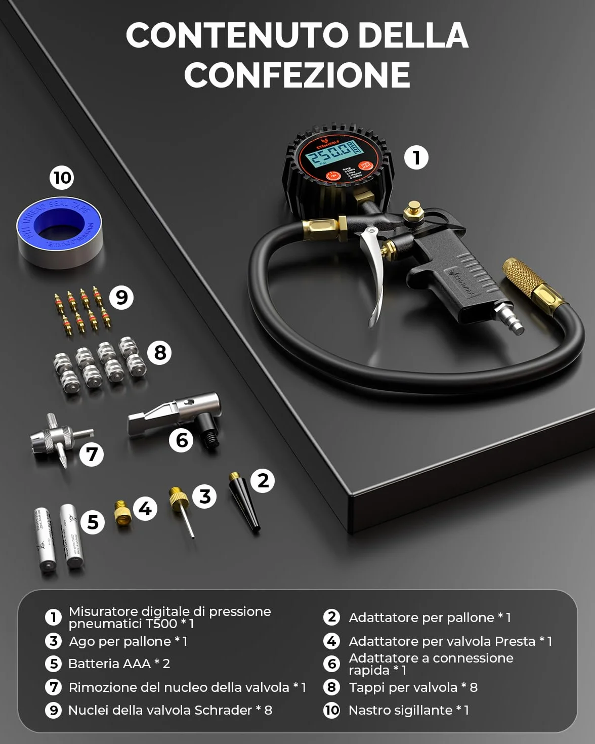 ETENWOLF T500 Manometro Pressione Gomme Digitale 0-17Bar 250 PSI Pistola Gonfiaggio con Borsa