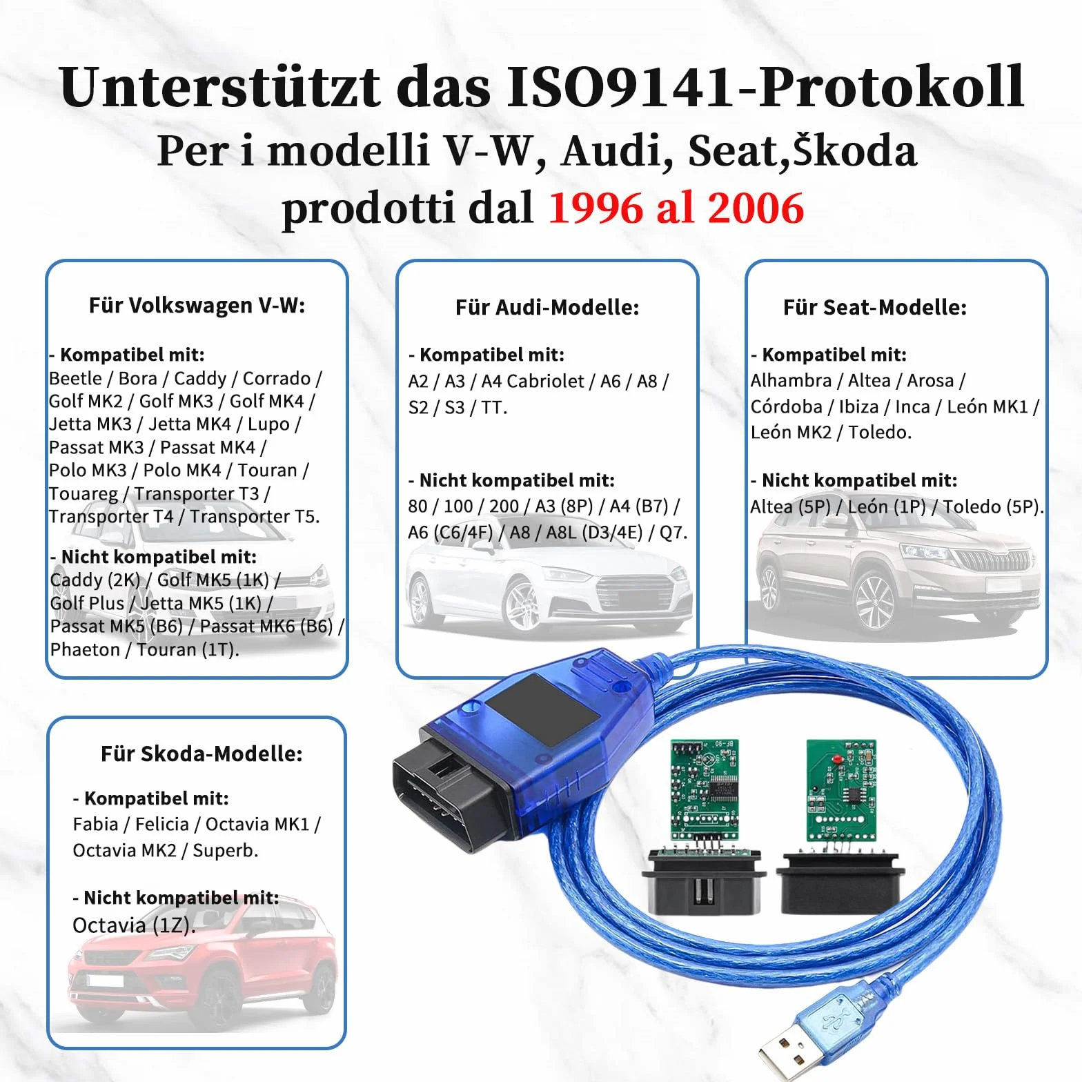 KKL 409 cavo USB OBD2 FTDI FT232RL per VW Audi Seat Skoda 1996+ diagnostica ECU VAG-COM Windows XP