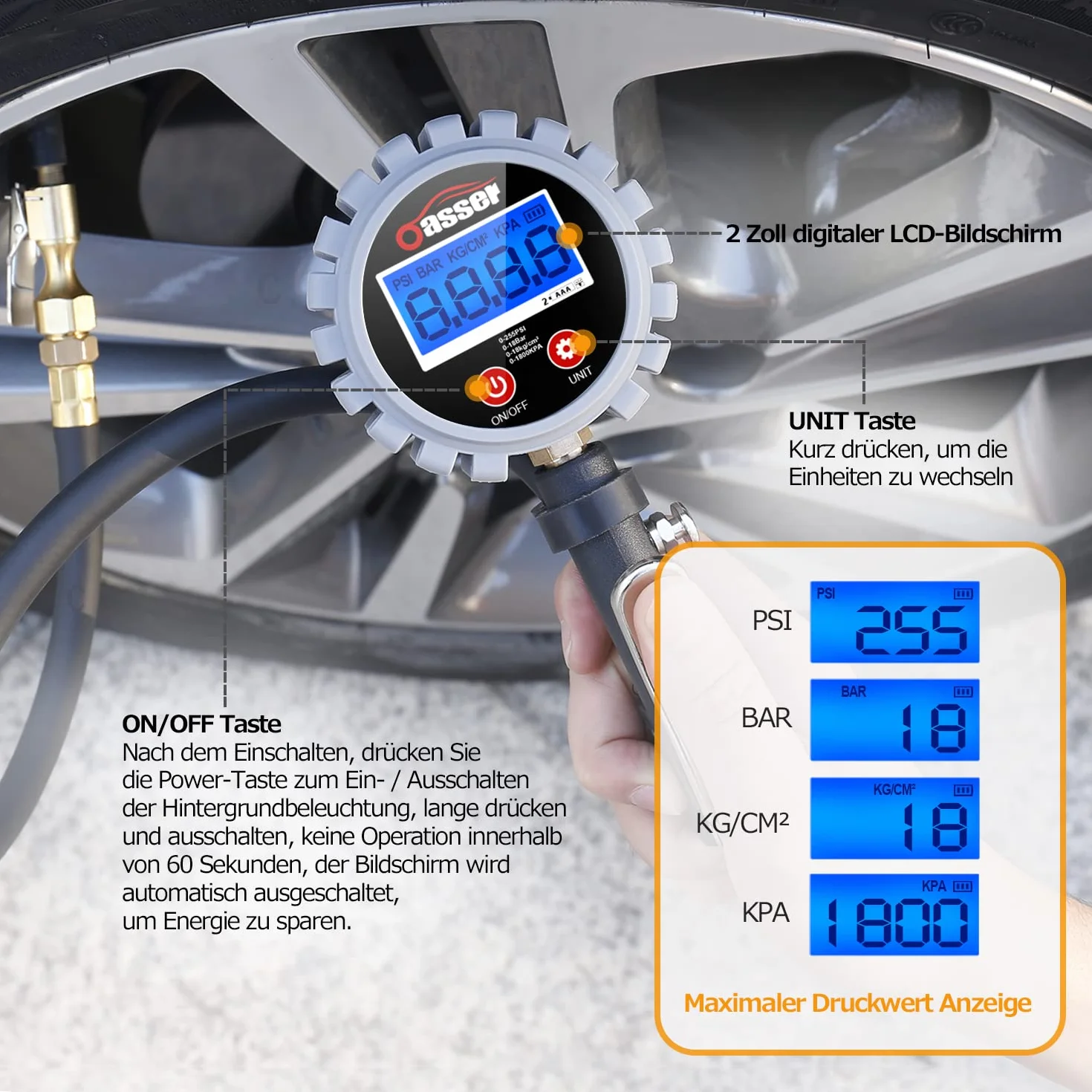 Oasser Misuratore Di Pressione Per Pneumatici Digitale Gonfiatore Pneumatici 255 Psi Tester Digitale Della Pressione Dei Pneumatici Attacco Standard Us&Eu